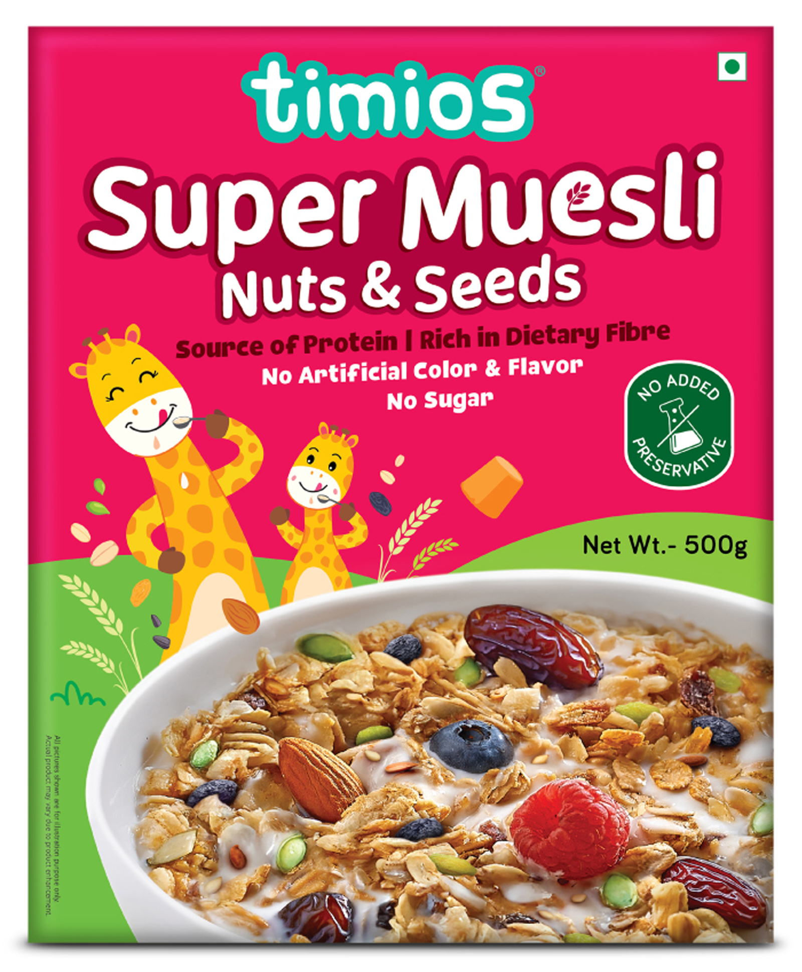timios Super Muesli Nuts & Seeds High Protein | Rich in Dietary Fibre | No Added Sugar | No Artificial Colors or Flavors | No Preservatives - 500 g