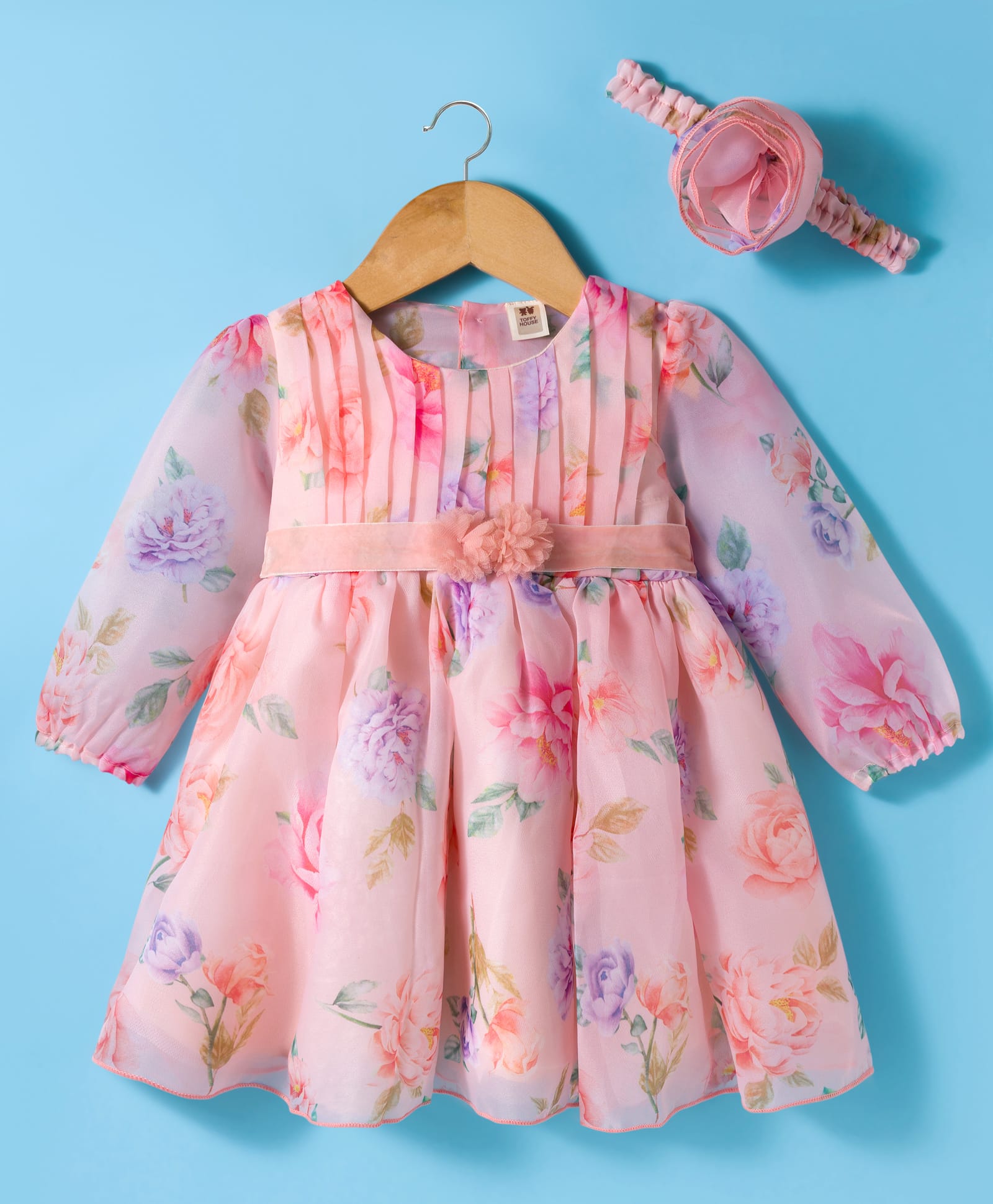 ToffyHouse Woven Full Sleeves Dress With Floral Print & Hairband - Peach-image-27