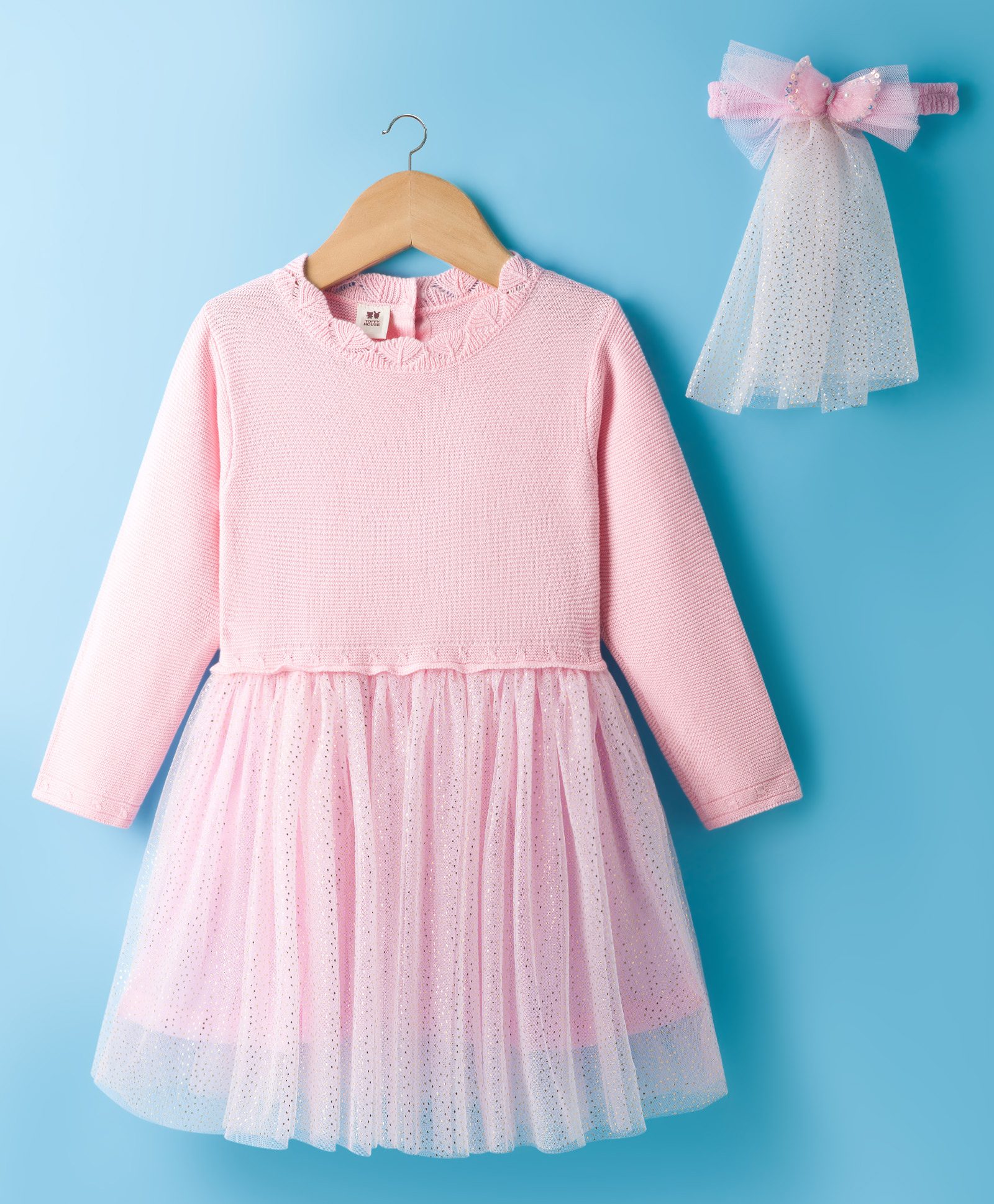 ToffyHouse Woven Full Sleeves Party Dress With Foil Print & Headband - Pink-image-48