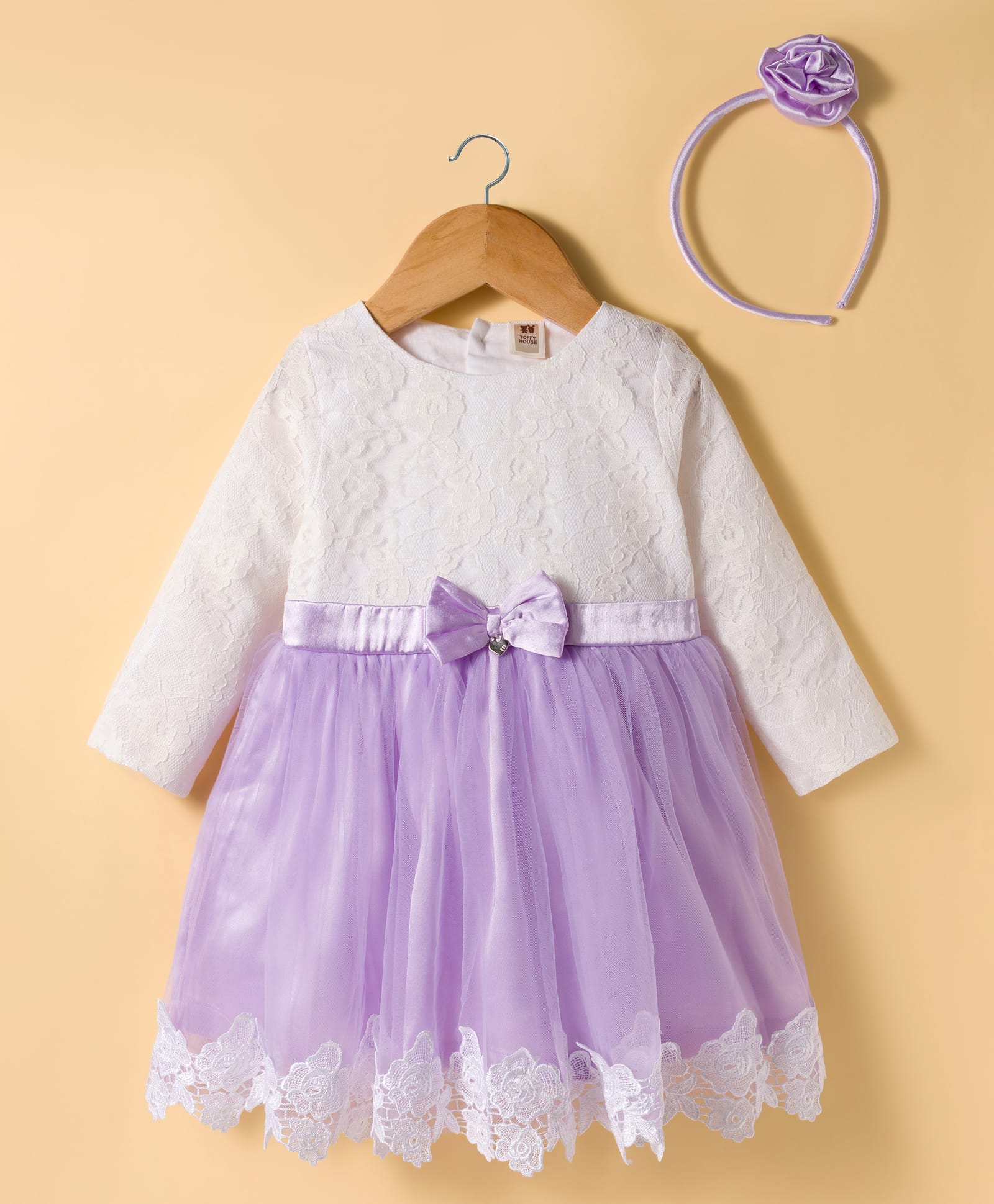 ToffyHouse Woven Full Sleeves Party Dress With Hair Band & Floral Design - Mauve-image-48
