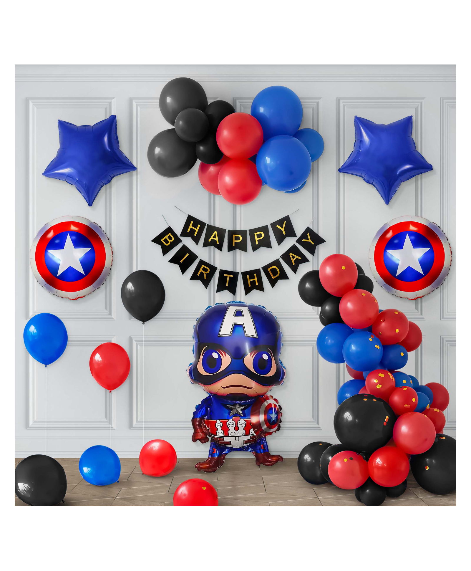 Special You Pack of 53 Items Captain America Theme Birthday Decoration Items DIY Kit for Boys includes Metallic Blue, Black and Red Balloons with Captain America Foil Balloon set and HBD Banner-image-9