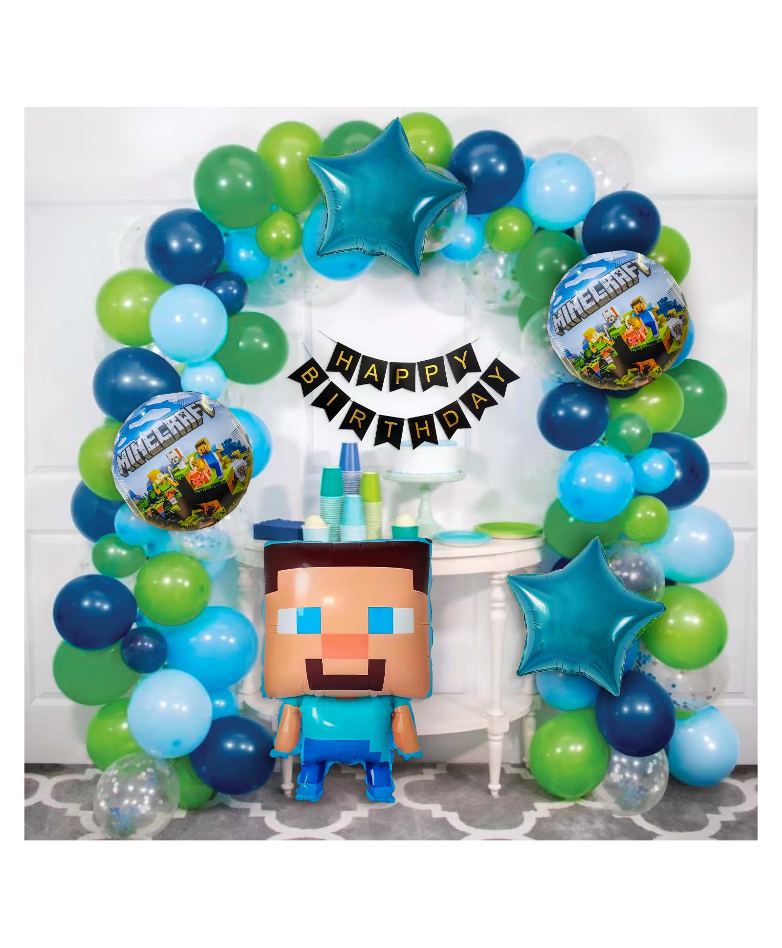 Special You Pack of 68 Items Mine Craft Theme Birthday Decoration items includes Metallic Green, Blue, Pastel Blue & Lime Green Balloons with Mine craft Foil Balloon set Silver confetti Balloons-image-6
