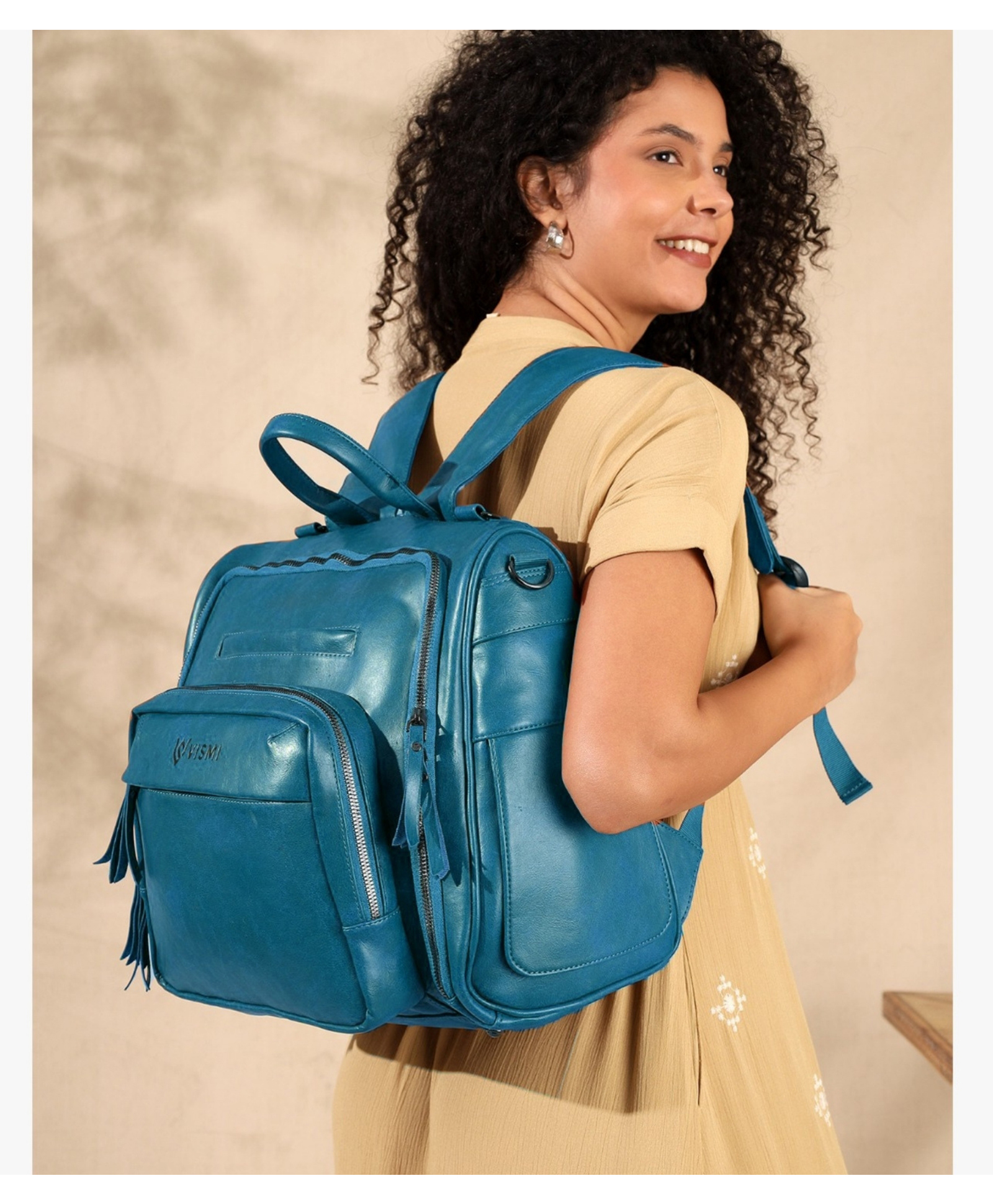 VISMIINTREND Diaper Backpack Bags for Women & Baby Solid Vegan Leather Multi- Compartment Maternity Backpack Travel, Hospital Visit Baby Diaper Bags with Detachable Strap, Trolley Sleeve - Teal Blue-image-5