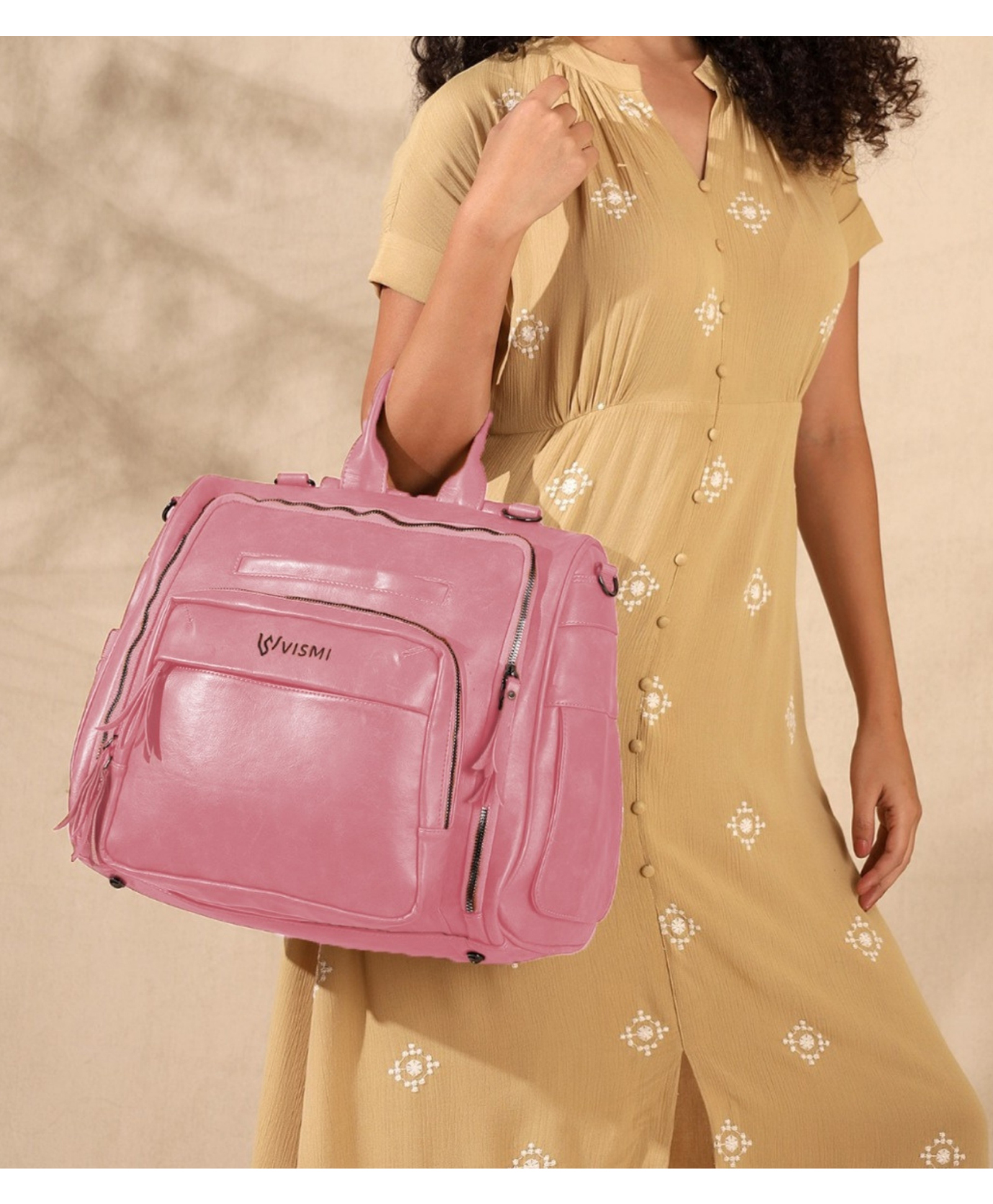 VISMIINTREND Diaper Backpack Bags for Women & Baby Solid Vegan Leather Multi- Compartment Maternity Backpack Travel, Hospital Visit Baby Diaper Bags with Detachable Strap, Trolley Sleeve - Blush Pink-image-27