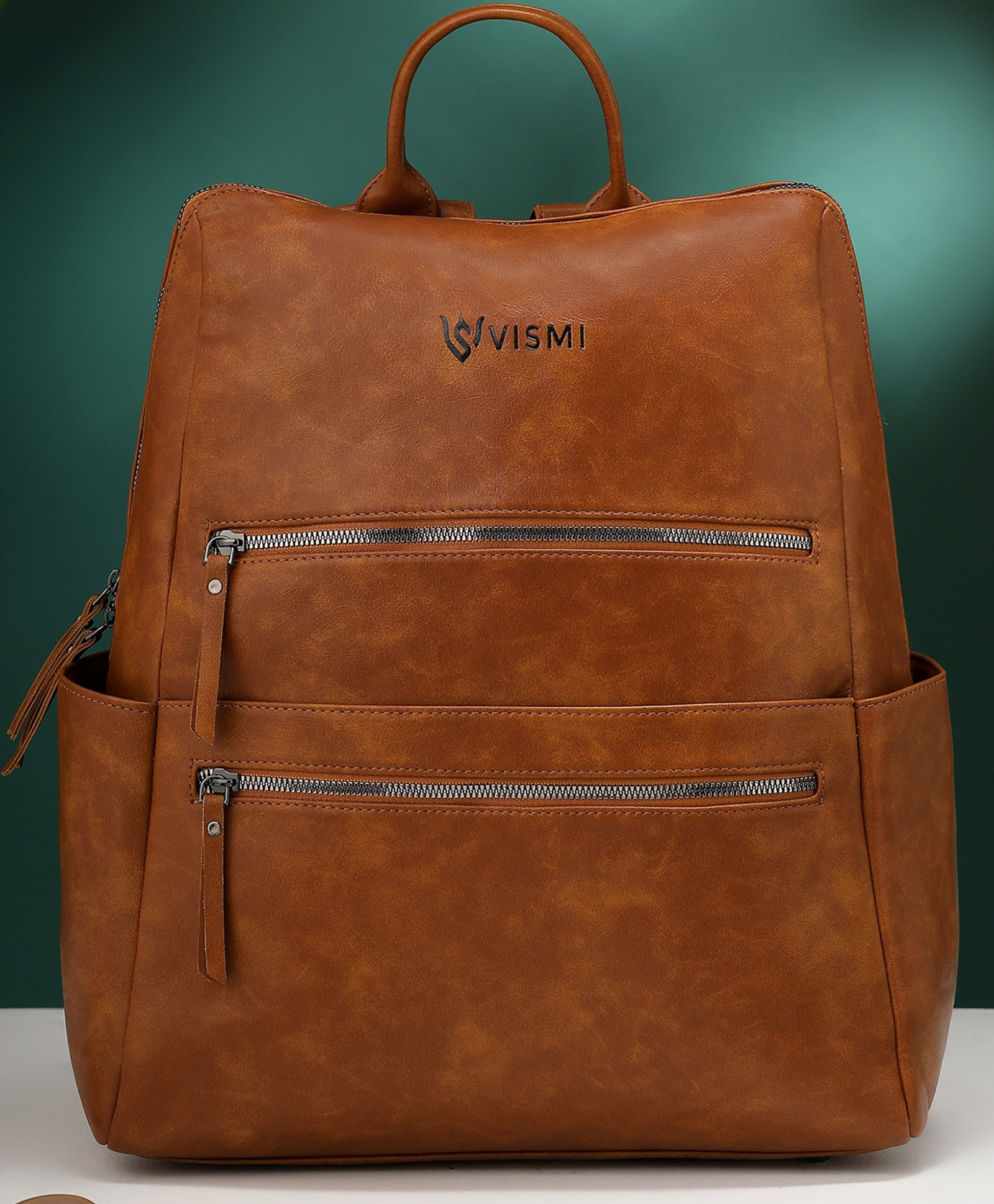 VISMIINTREND Laptop Backpack for Men Office Use, Travel, Businessm Professional And Multi-Purpose Anti Theft Solid Vegan Leather Water Resistant Backpack Up to 17 Inch Laptop - Tan - Height 17 Inches-image-3