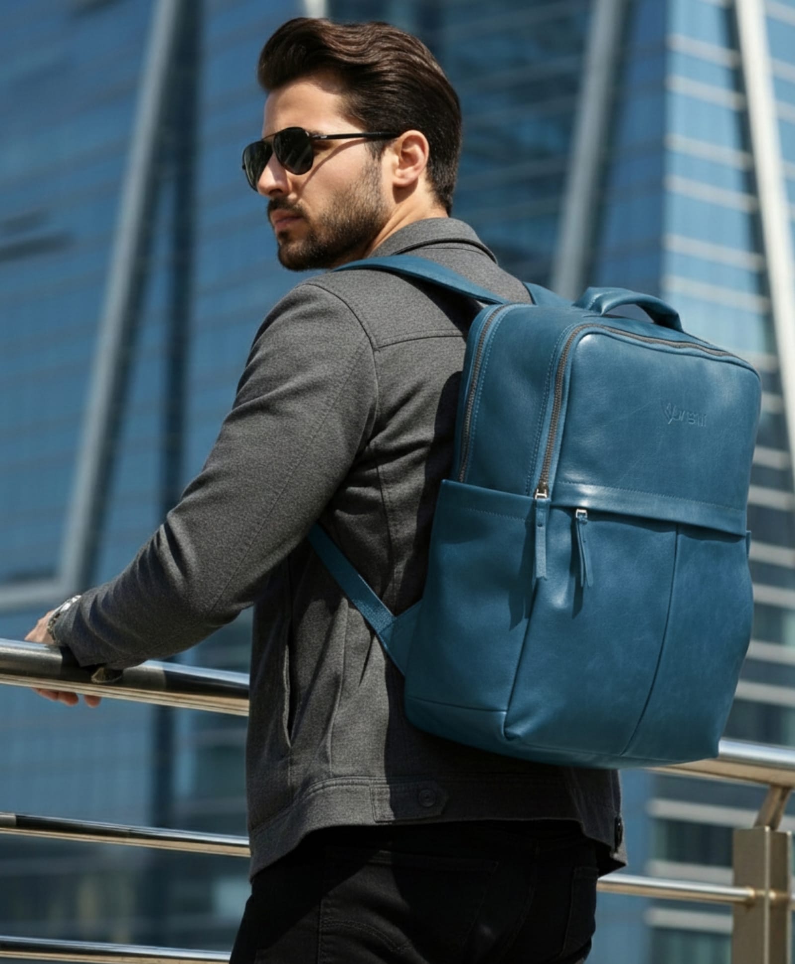 VISMIINTREND 17 Inch Laptop Backpack PU Vegan Leather with Trolley Sleeve & Water Resistant Bag Teal Blue - Height 17 Inches-picture-1