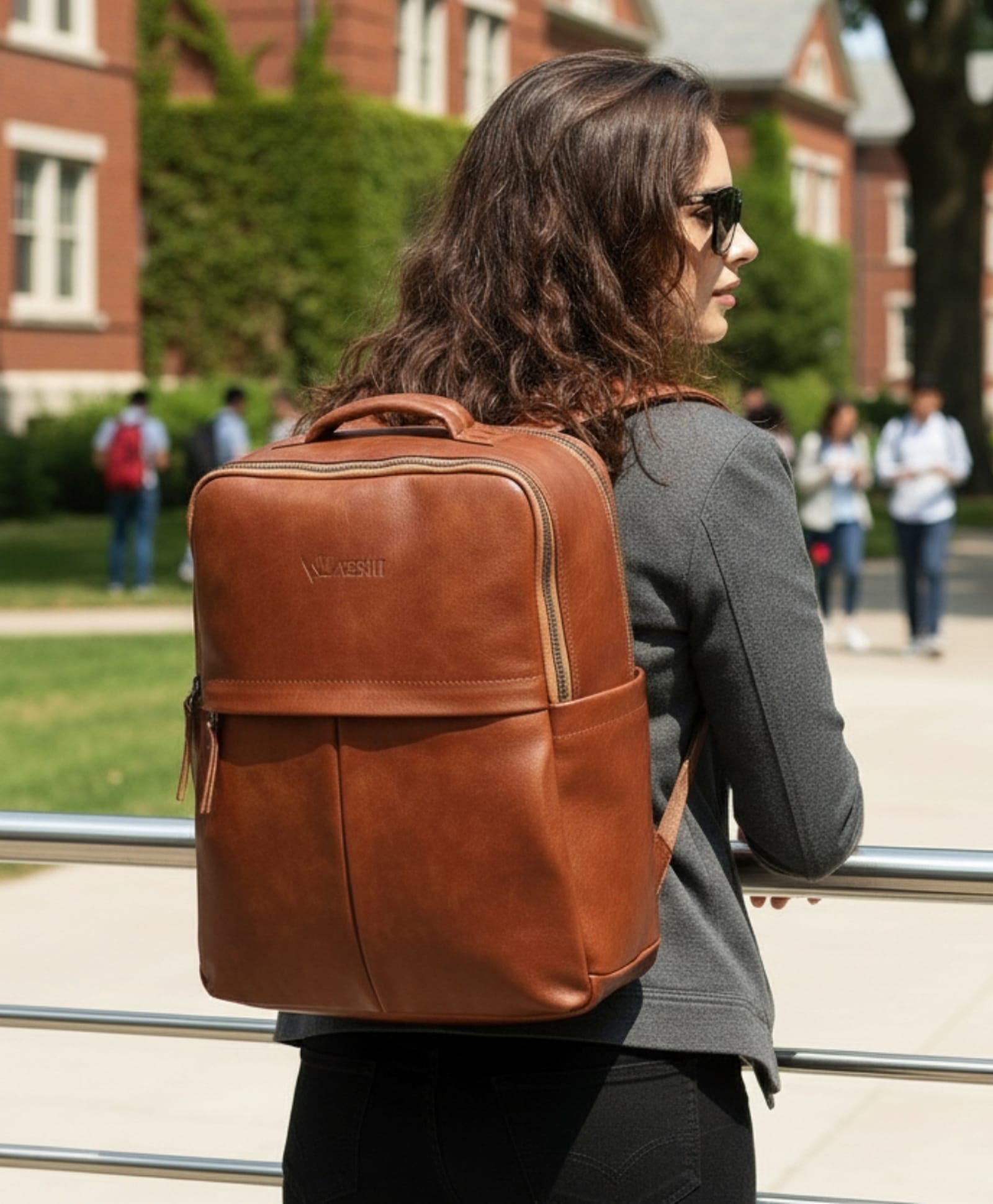 VISMIINTREND 17 Inch Laptop Backpack PU Vegan Leather with Trolley Sleeve & Water Resistant Bag Tan - Height 17 Inches-picture-0
