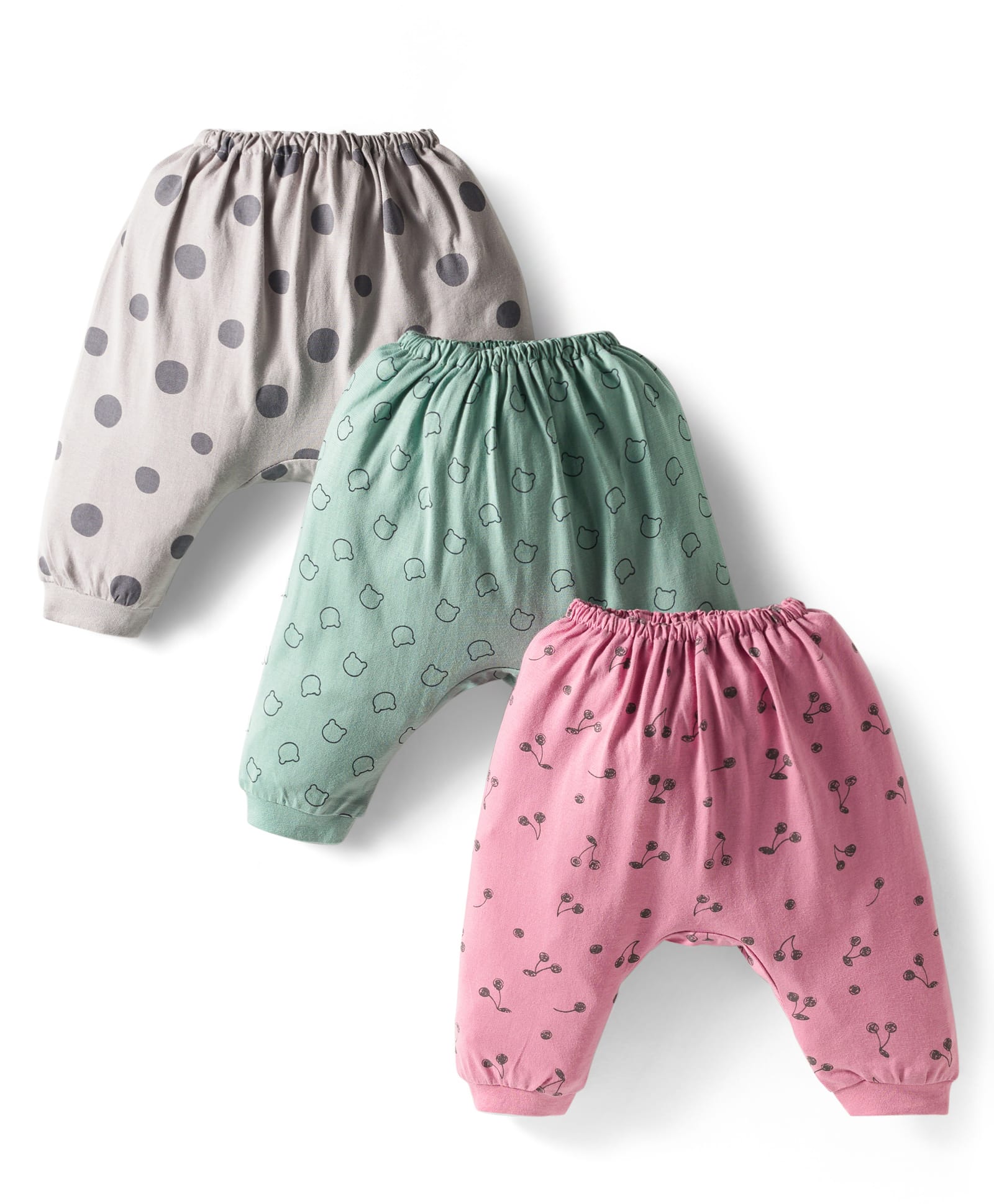 Pink Rabbit Single Jersey Knit Full Length Diaper Leggings with Polka Dots Animal & Cherry Print Pack of 3 - Grey Green & Pink-picture-10
