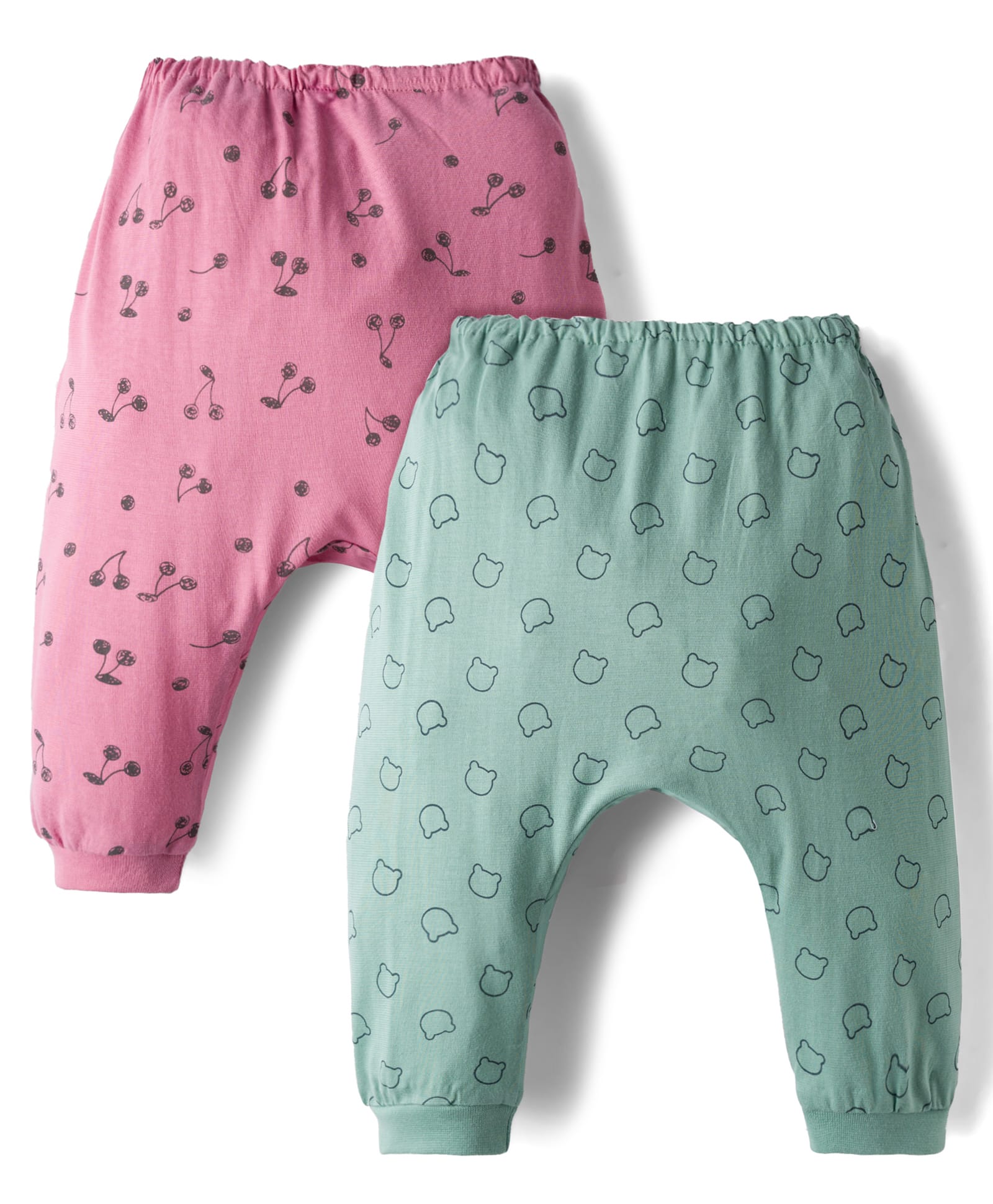Pink Rabbit Single Jersey Knit Full Length Diaper Leggings with Animal & Cherry Print Pack of 2 - Pink & Green-picture-2