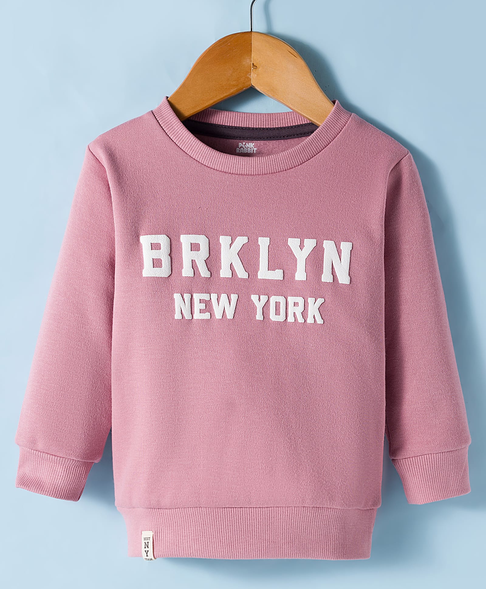 Pink Rabbit Fleece Knit Full Sleeves Sweatshirt With Brooklyn Print - Pink-image-30