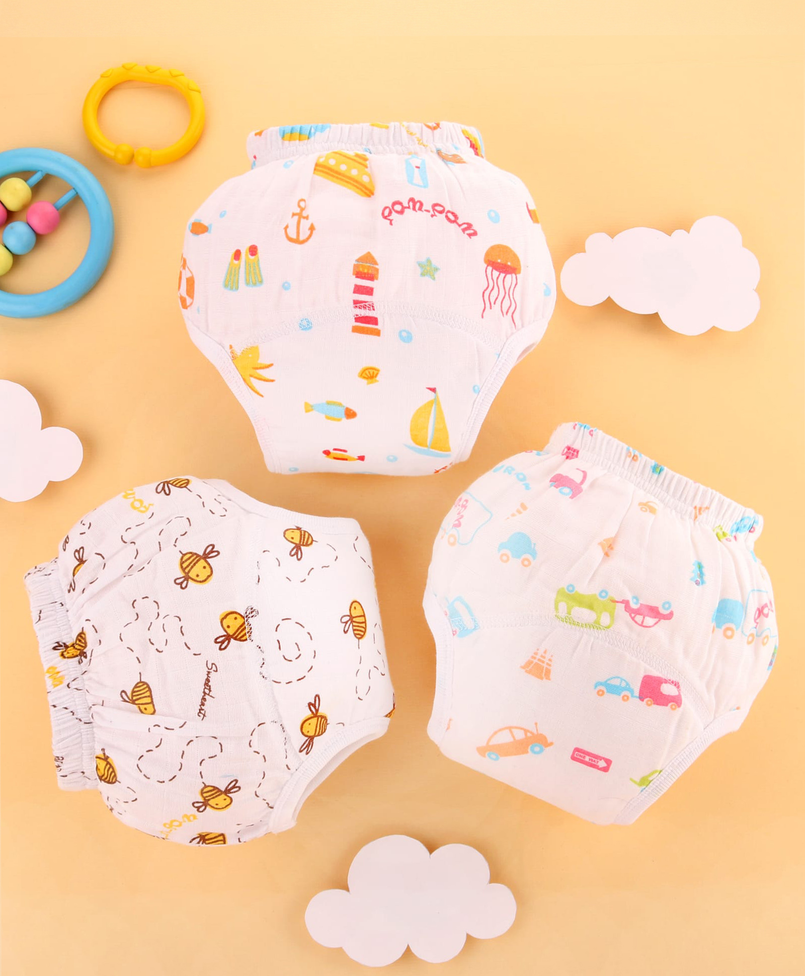 Zoe 100% Cotton Muslin Reusable Training Pants for Babies - Set of 3| Ultra-Soft & Breathable| Leak Protection Padding| Hypoallergenic & Eco-Friendly| Machine Washable| 0 to 3 months