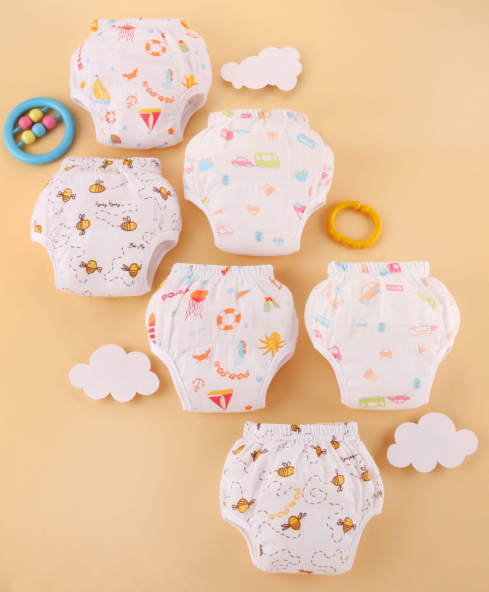 Zoe 100% Cotton Muslin Reusable Training Pants for Babies - Set of 6| Ultra-Soft & Breathable| Leak Protection Padding| Hypoallergenic & Eco-Friendly| Machine Washable| 0 to 3 months