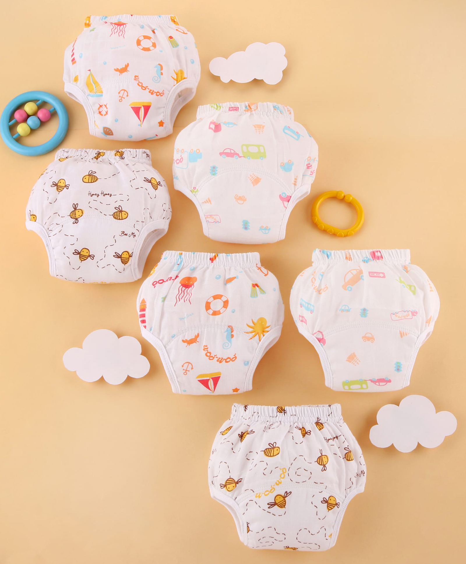 Zoe 100% Cotton Muslin Reusable Training Pants for Babies - Set of 6| Ultra-Soft & Breathable| Leak Protection Padding| Hypoallergenic & Eco-Friendly| Machine Washable| 3 to 6 months