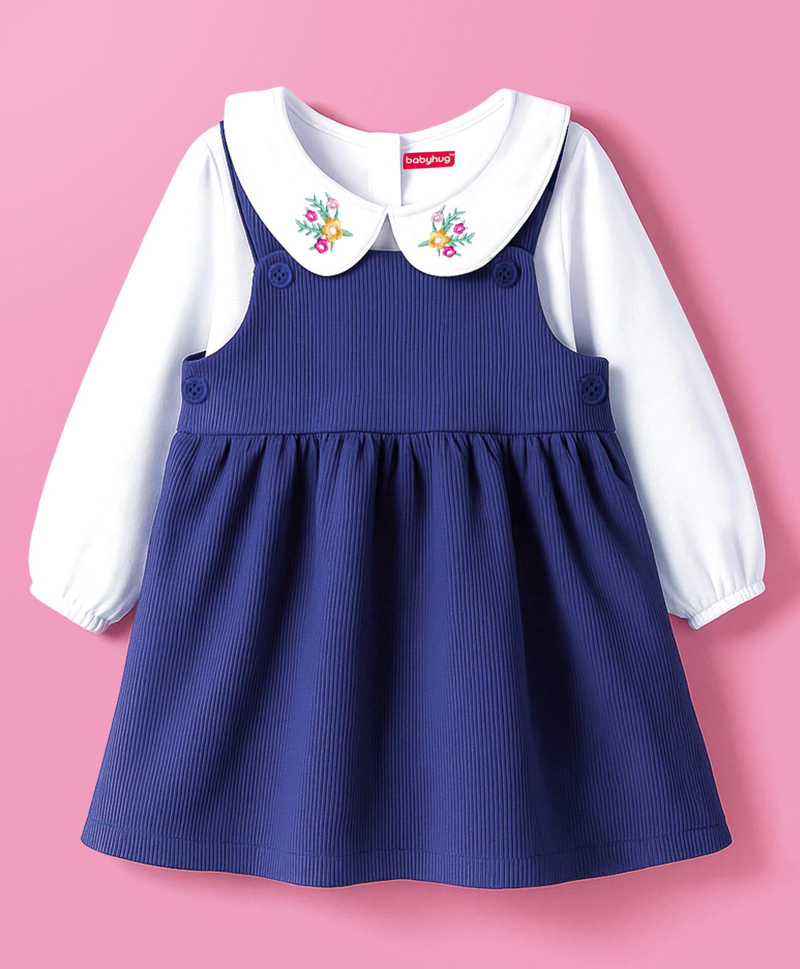 Babyhug Cotton Knit Frock with Full Sleeves Inner Tee & Floral Embroidery - Navy Blue & White-image-35