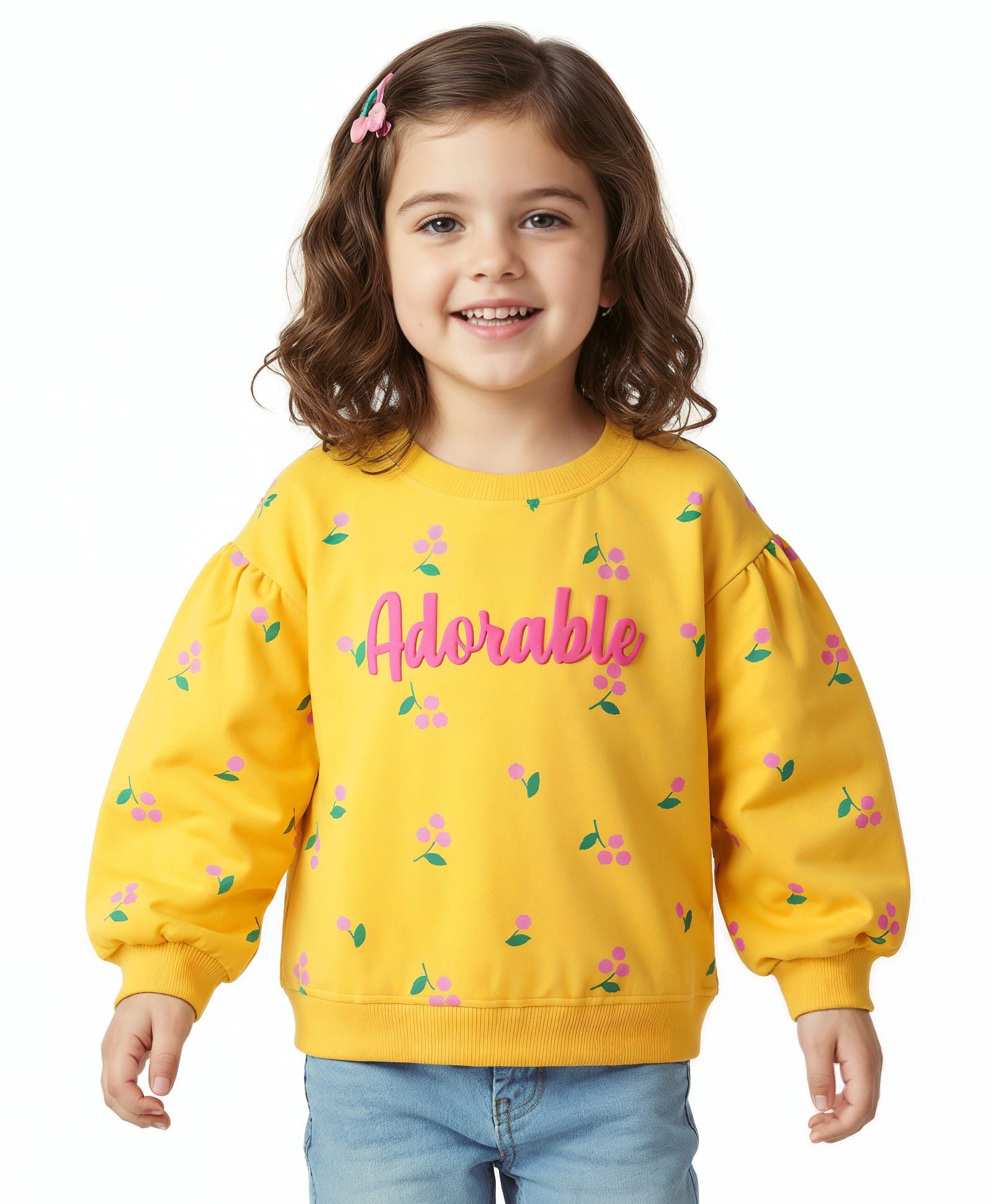 Babyhug Cotton Knit Full Volume Sleeves Sweatshirt With Floral Print - Yellow-image-20