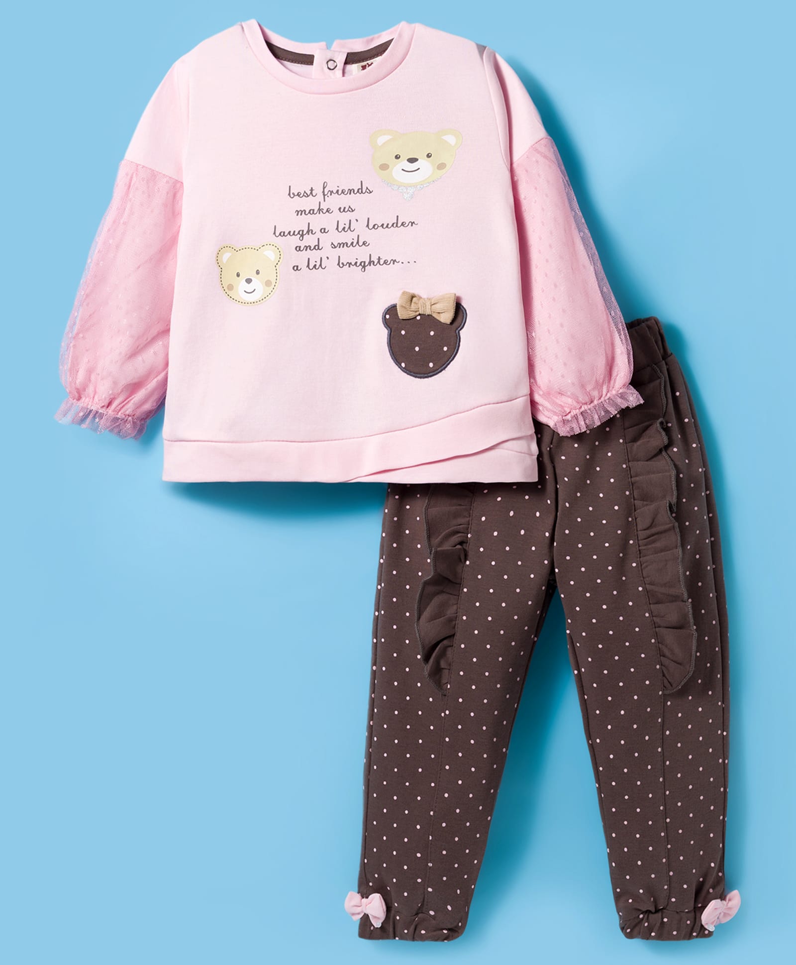 ToffyHouse Knitted Full Sleeves T-Shirt & Lounge Pant Set with Polka Dot Print & Bear Patch - Baby Pink-picture-27