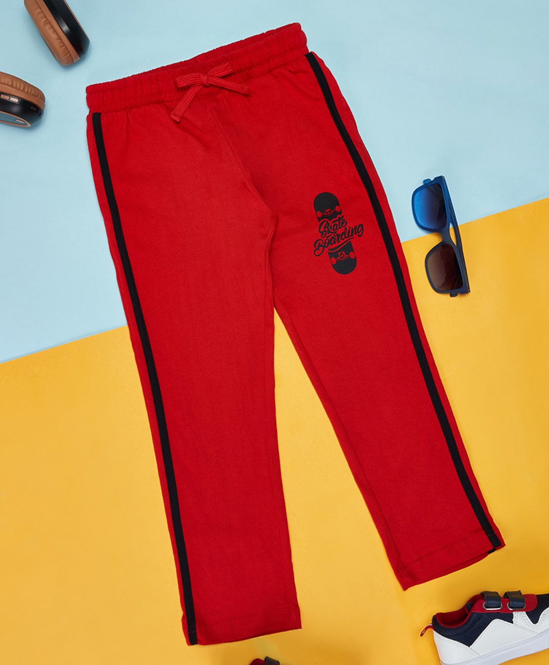 Pantaloons Junior Cotton Knit Skate Boarding Text Printed Side Taped Track Pants - Red-picture-28