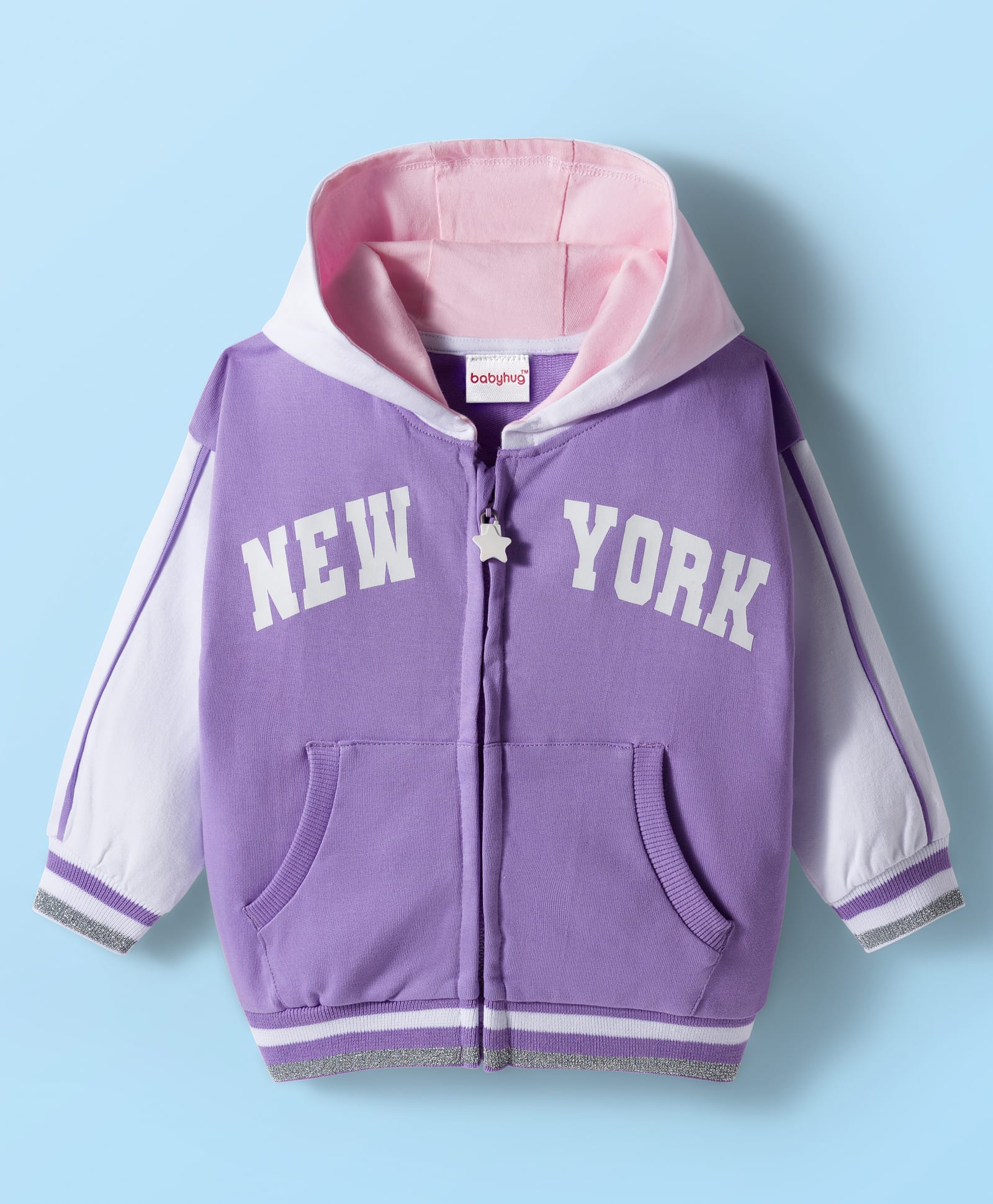 Babyhug Cotton Knit Full Sleeves Hooded SweatJacket with Front & Back Text Graphic & Kangaroo Pocket - Purple-image-47