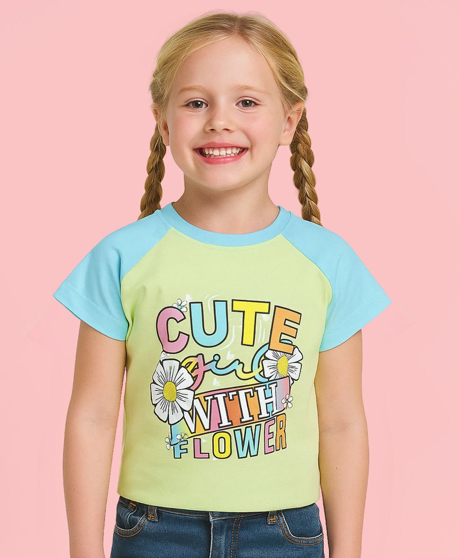 Cutecumber Embosis Hosiery Knit Half Sleeves Cute Girl With Flower Text Printed Tee - Lime Green-image-18