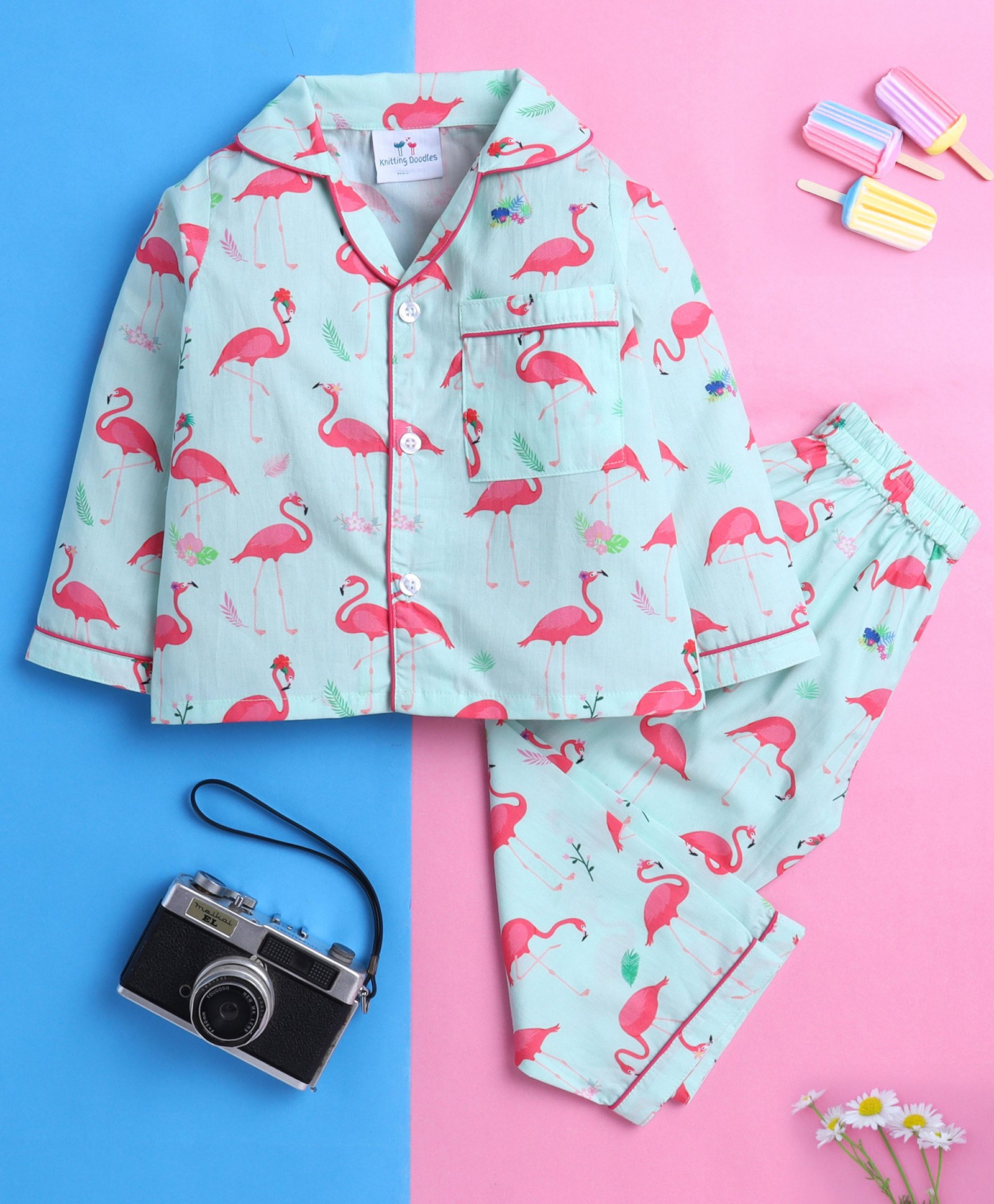 Knitting Doodles Pure Cotton Woven Full Sleeves Flamingo Printed Night Suit Set - Light Green-picture-38