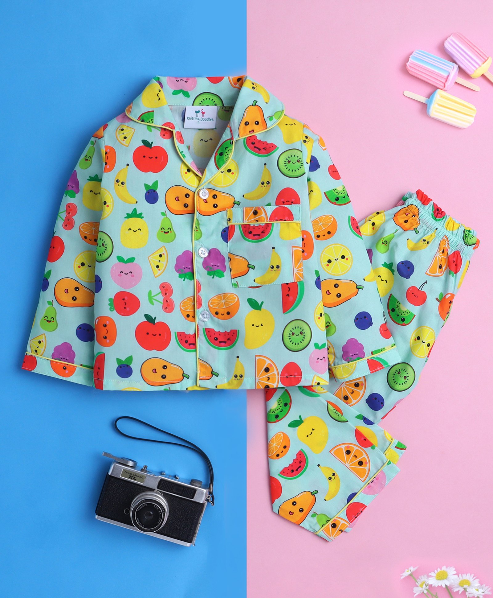 Knitting Doodles Pure Cotton Woven Full Sleeves Fruits Printed Night Suit Set - Light Blue-picture-49