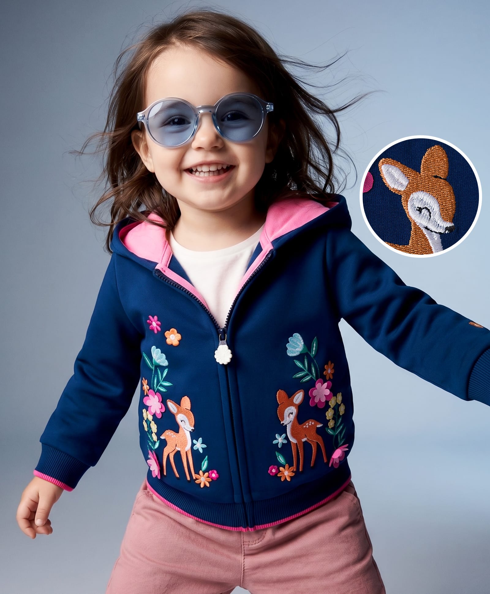 Babyhug Cotton Knit Full Sleeves Hooded SweatJacket with Animal & Floral Embroidery - Navy Blue-image-7