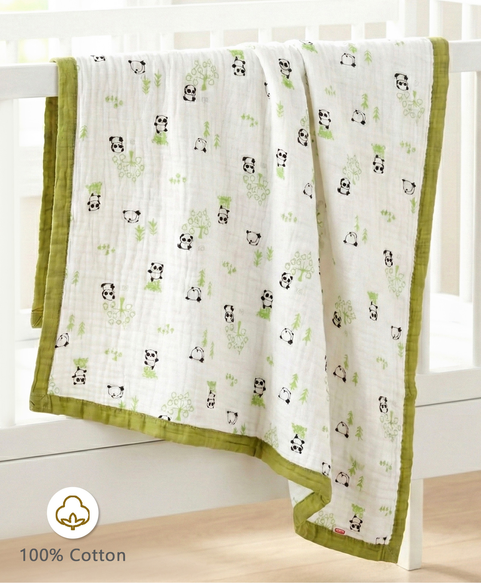 Babyhug 6 Layer Muslin Baby Blanket with Contrast Wide Edge Panda Print - Green| Absorbent Soft & Breathable| All Season Blanket| New Born Gifting| Bath Towel, Wrapper, Feeding Towel| Machine Washable-image-9