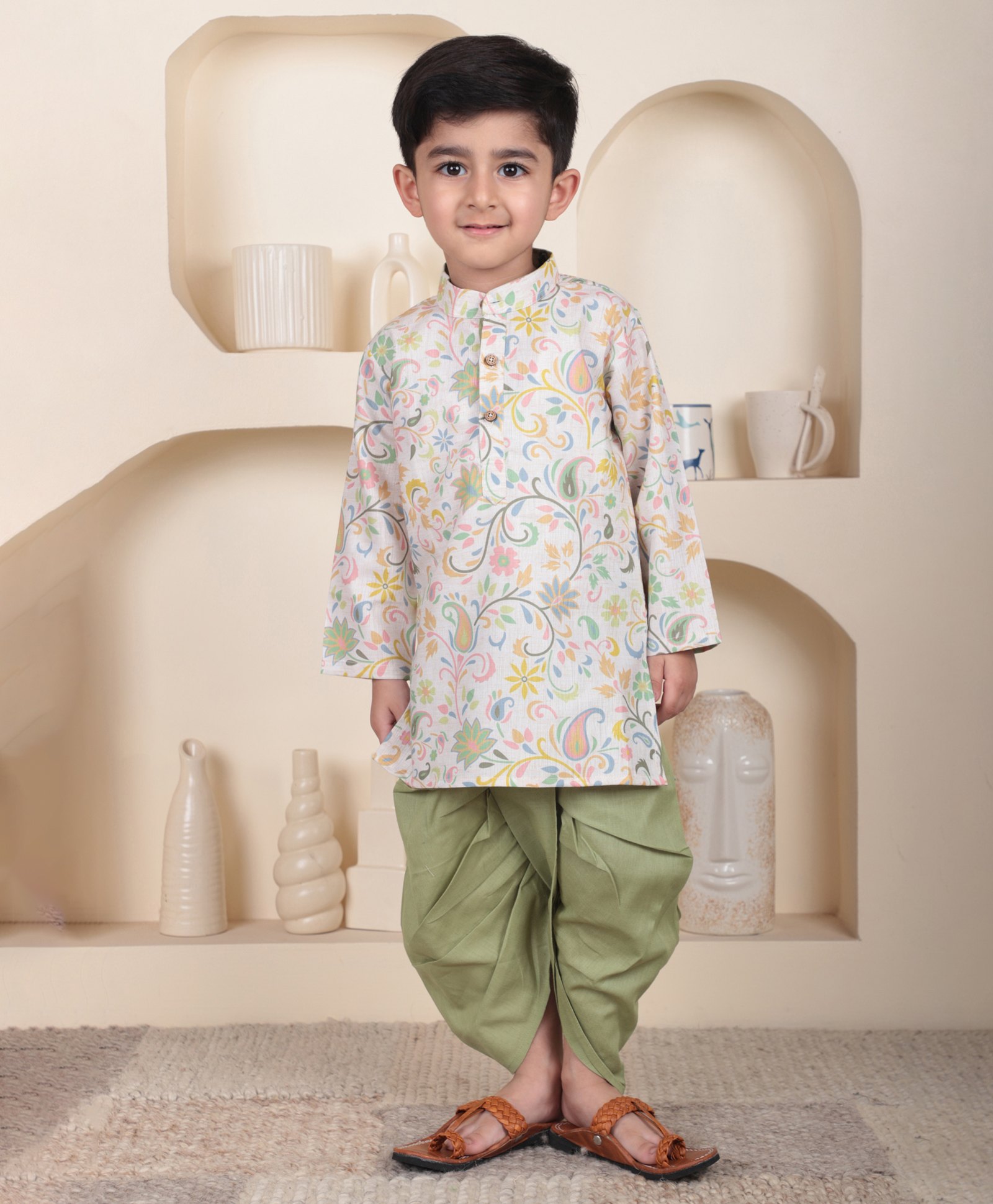 Polka Tots Cotton Woven Full Sleeves Floral Printed Kurta With Dhoti Set - Olive Green-picture-10