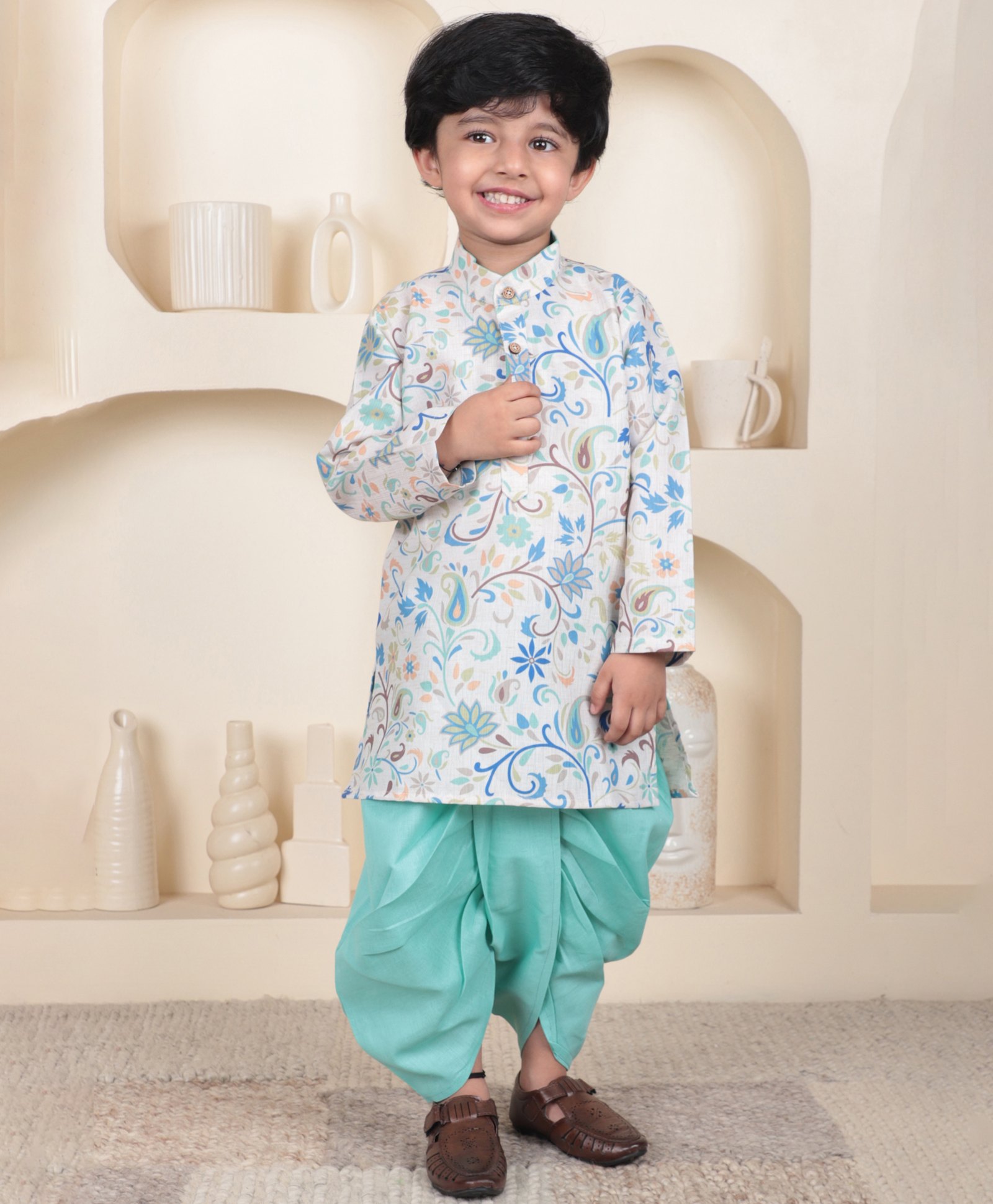 Polka Tots Cotton Woven Full Sleeves Floral Printed Kurta With Dhoti Set - Sky Blue-picture-36