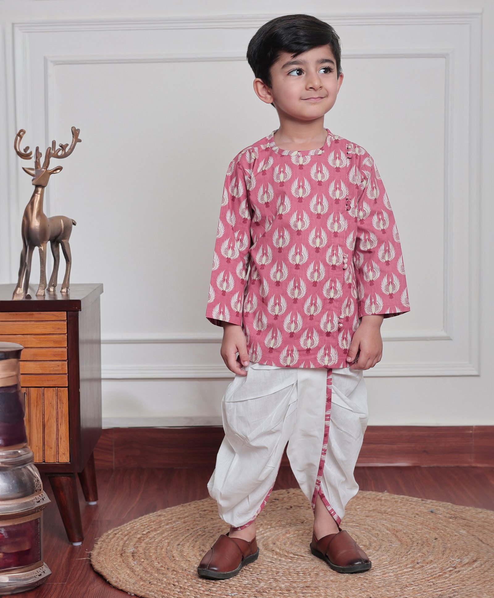 Polka Tots Cotton Woven Full Sleeves Bird Printed Kurta With Coordinating Dhoti Set - Pink-picture-34