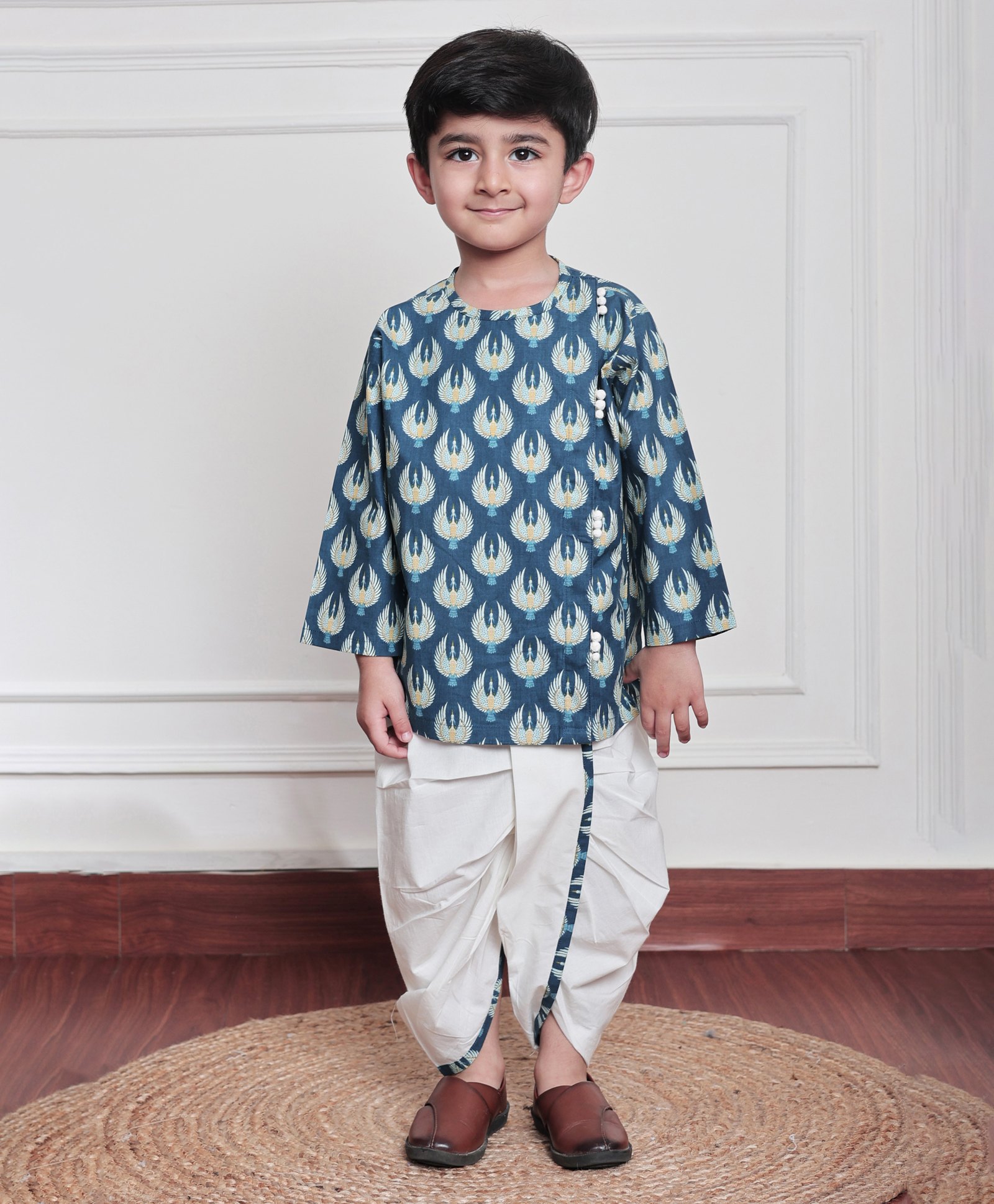 Polka Tots Cotton Woven Full Sleeves Bird Printed Kurta With Coordinating Dhoti Set - Blue-picture-38