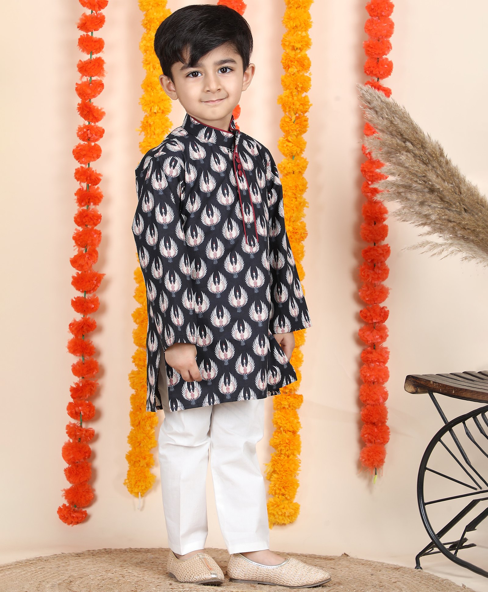 Polka Tots Cotton Woven Full Sleeves Birds Printed Kurta Pyjama Set - Black-picture-28