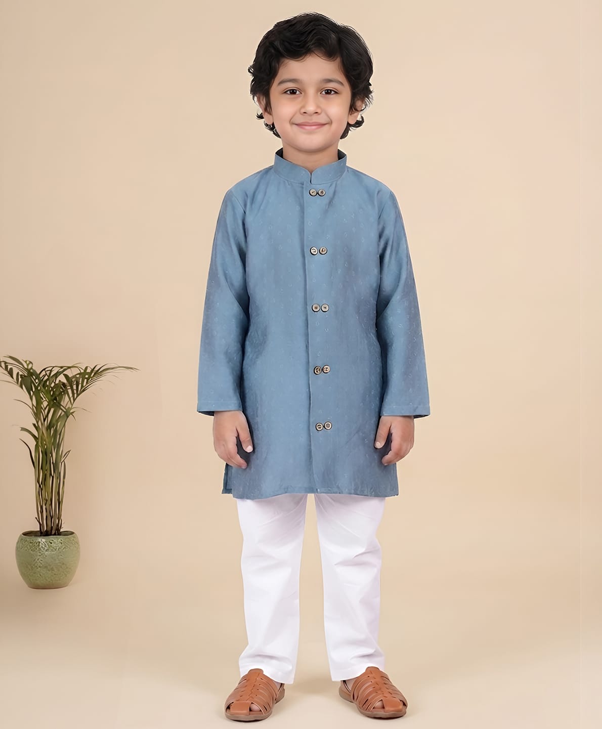 Polka Tots Cotton Woven Full Sleeves Textured Kurta Pyjama Set - Blue-picture-14