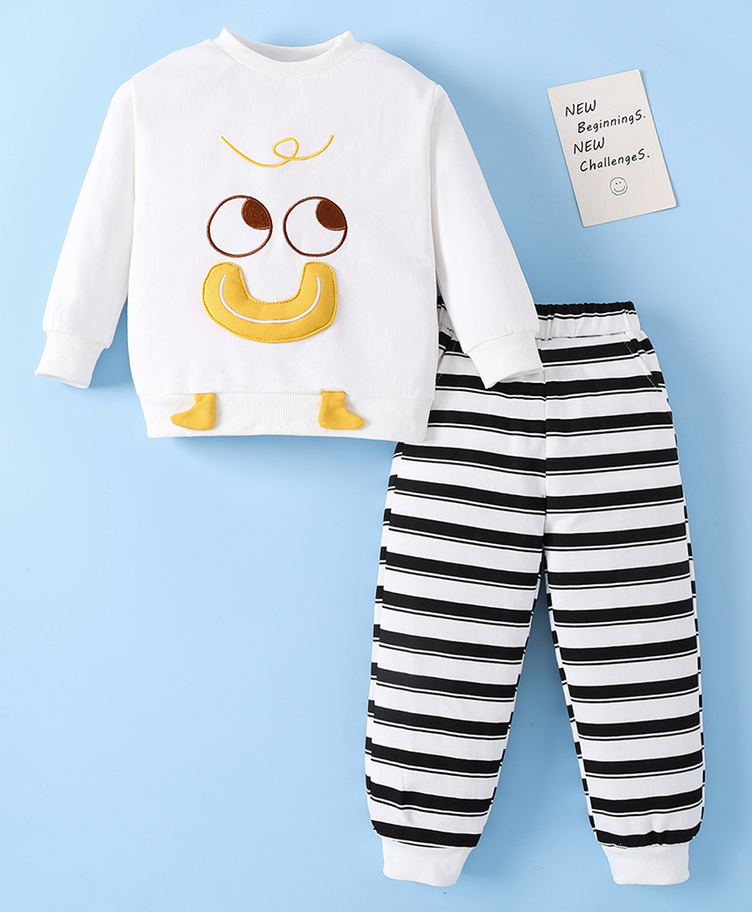 Mark & Mia Cotton Knit Full Sleeves Winter Wear T-Shirt & Joggers Set with Stripes & Applique - White & Black-picture-15