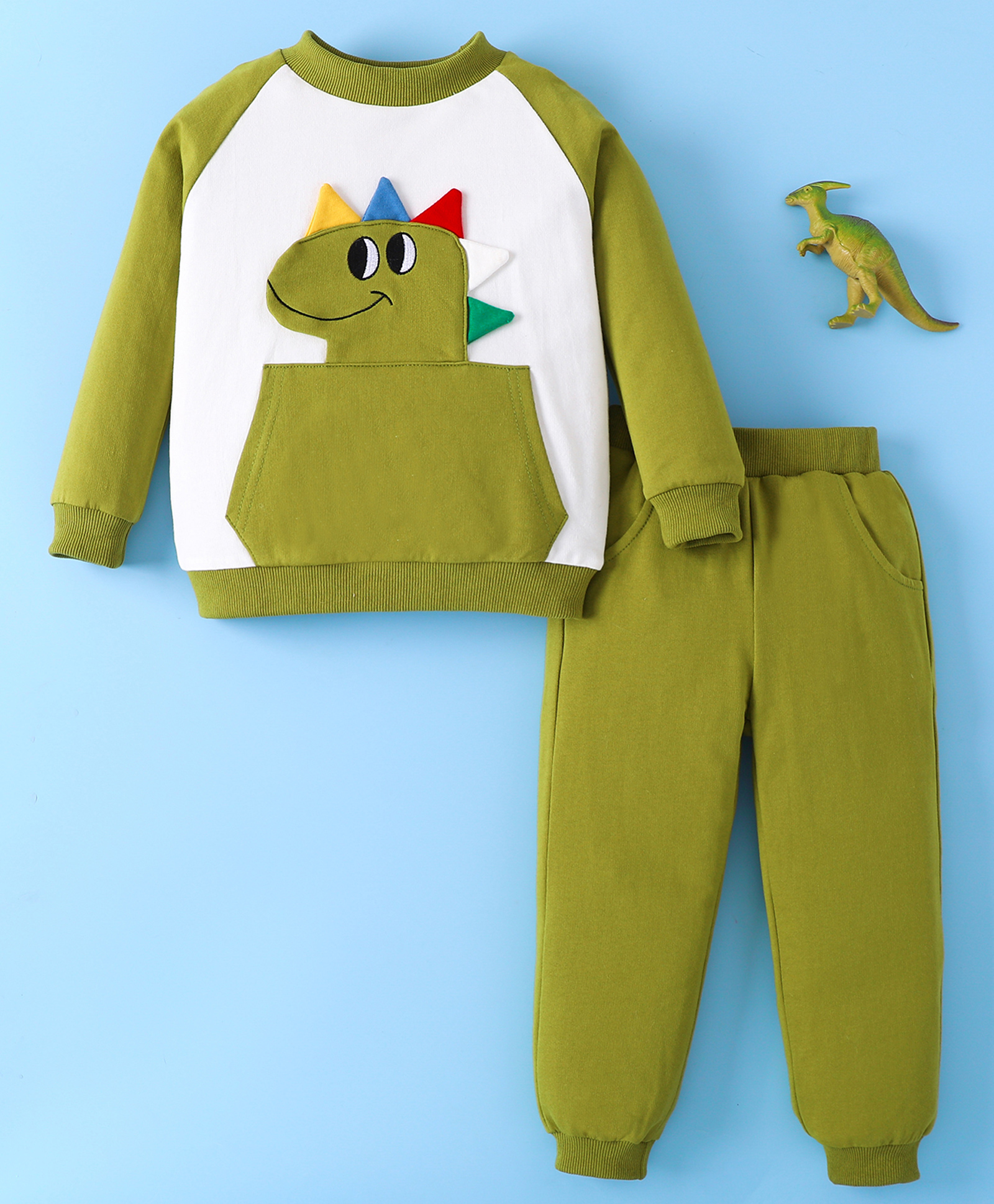 Mark & Mia Cotton Full Raglan Sleeves Winter Wear T-Shirt & Joggers Set With Dino Applique - Green & White-image-33
