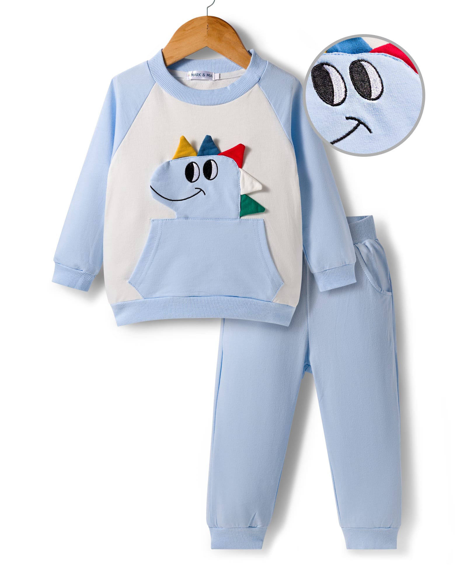 Mark & Mia Cotton Full Raglan Sleeves Winter Wear T-Shirt & Joggers Set With Dino Applique - Light Blue & White-image-28