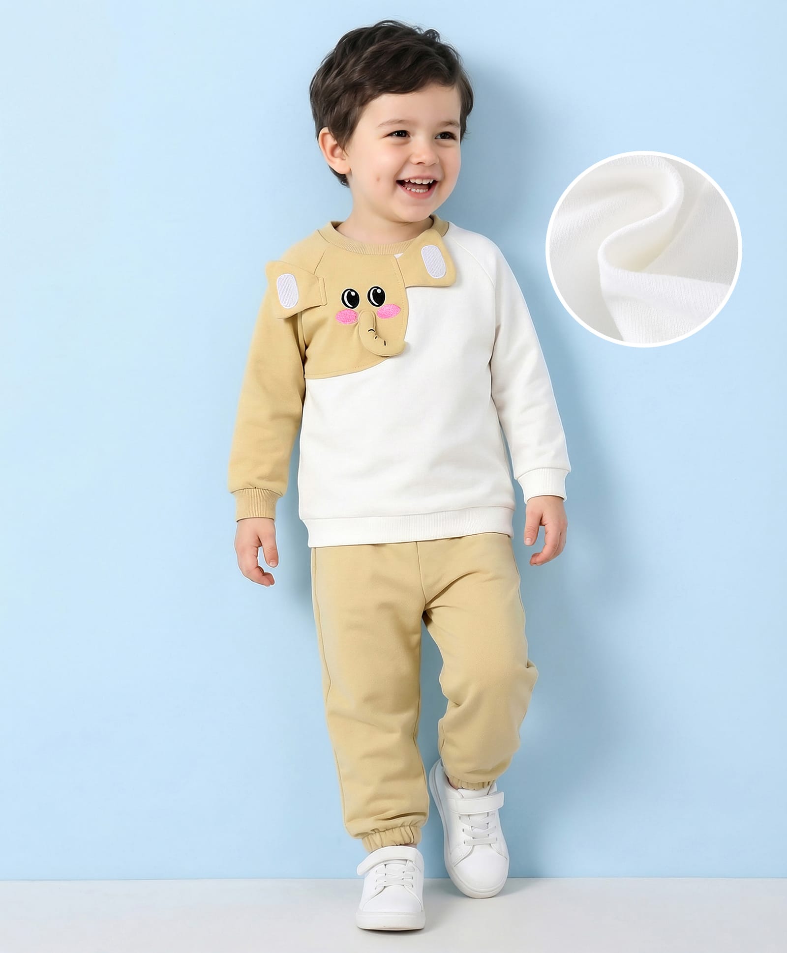 Mark & Mia Cotton Full Sleeves Winter Wear T-Shirt & Lounge Pant Set With Elephant Applique & Print - Khaki-image-17