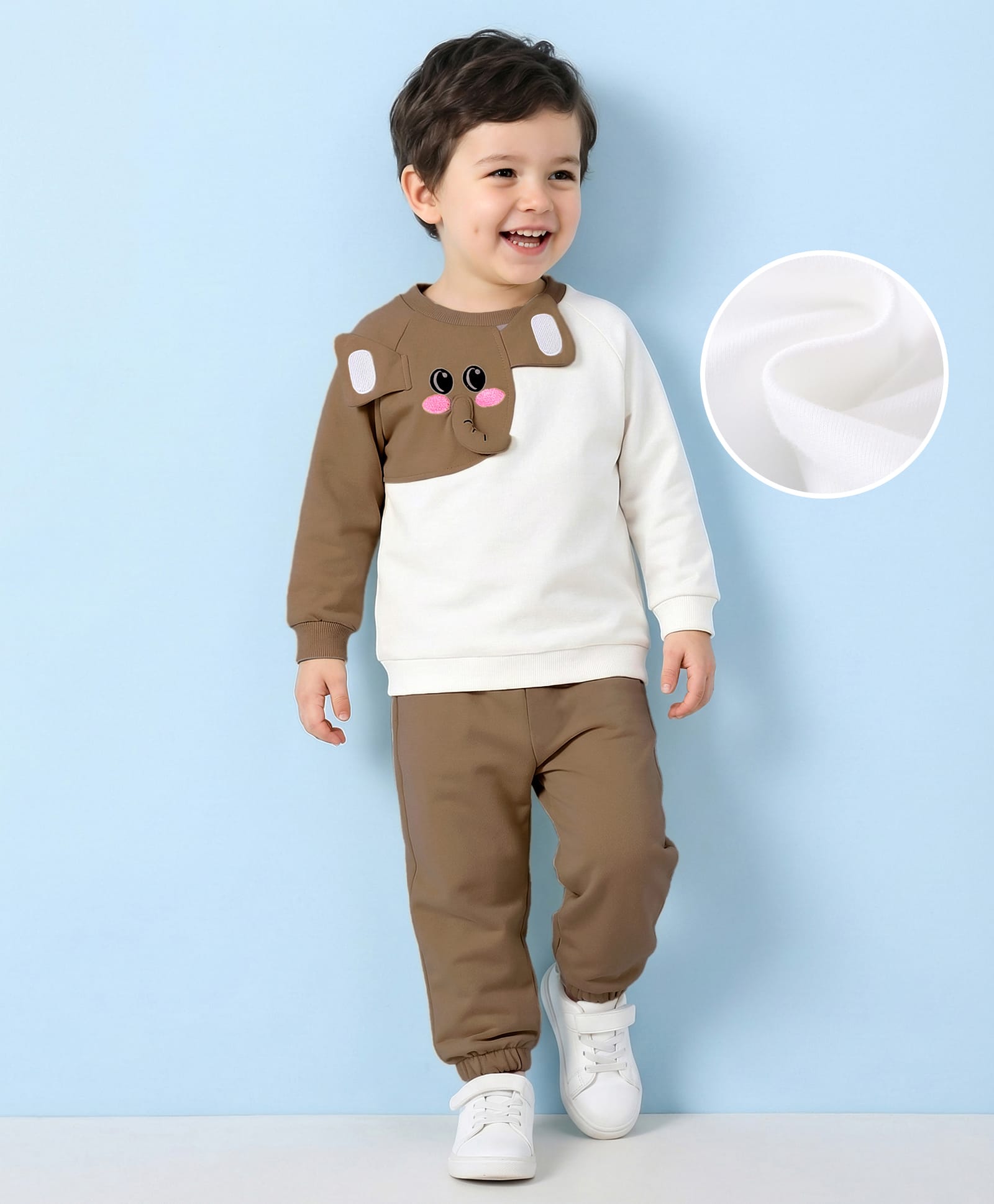 Mark & Mia Cotton Full Sleeves Winter Wear T-Shirt & Lounge Pant Set With Elephant Applique & Print - Brown-image-18