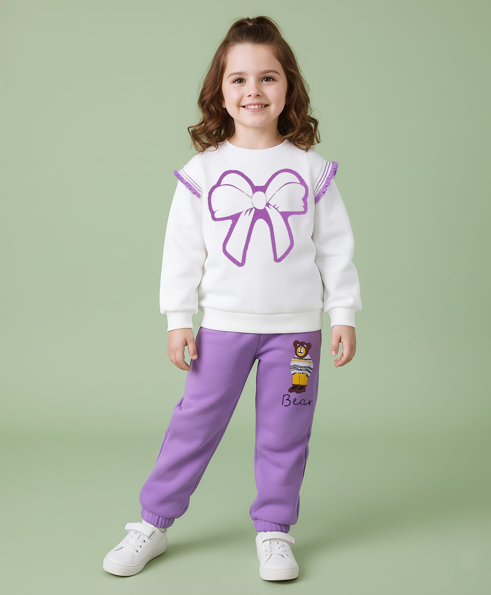 Mark & Mia Cotton Full Sleeves Winter Wear T-Shirt & Joggers Set with Bow Print - White & Purple-image-48