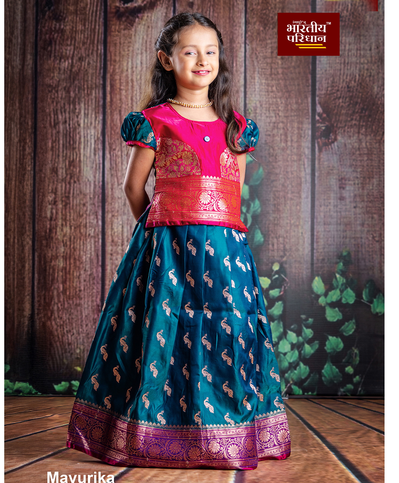 Bhartiya Paridhan Silk Half Sleeves Floral & Peacock Printed Choli & Lehenga Set - Teal Blue & Pink-image-35