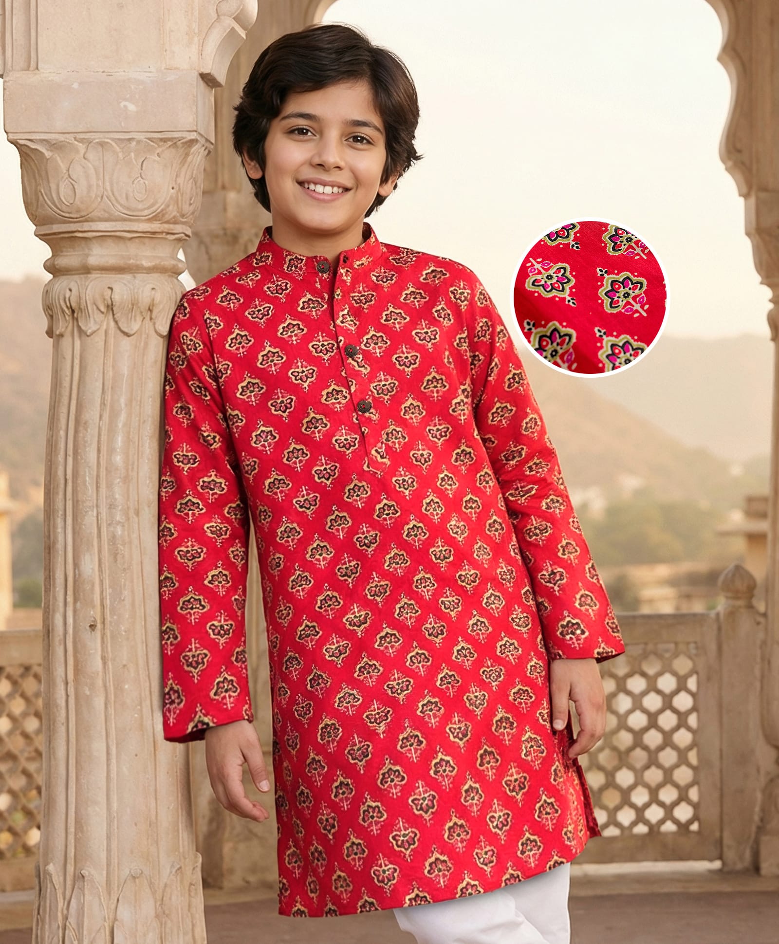 Pine Kids Cotton Woven Full Sleeves Floral Printed Kurta - Red-image-40