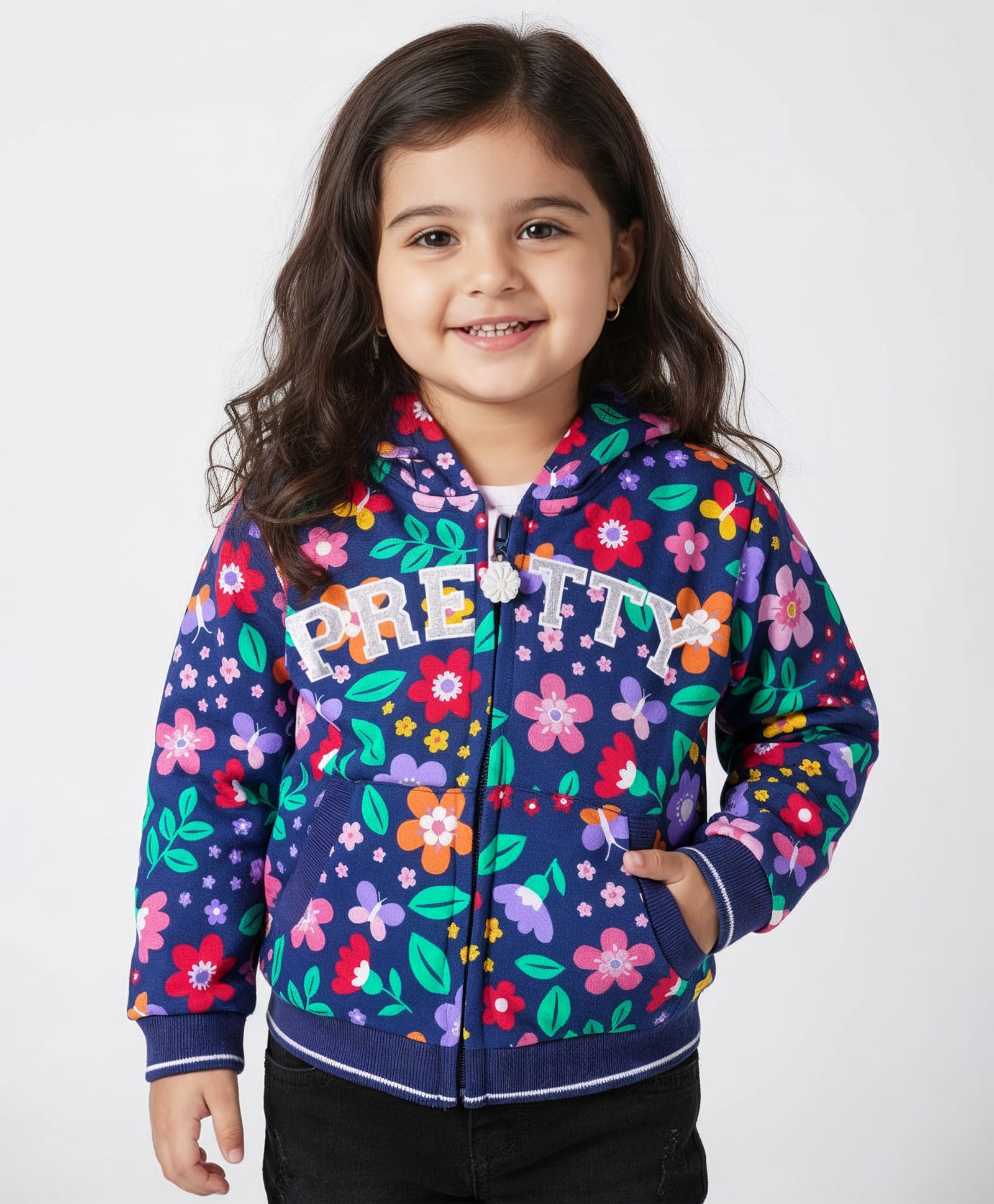 Babyhug Cotton Knit Full Sleeves Front Open Hooded Sweatjacket with Kangaroo Pocket Floral Print - Navy Blue-picture-42