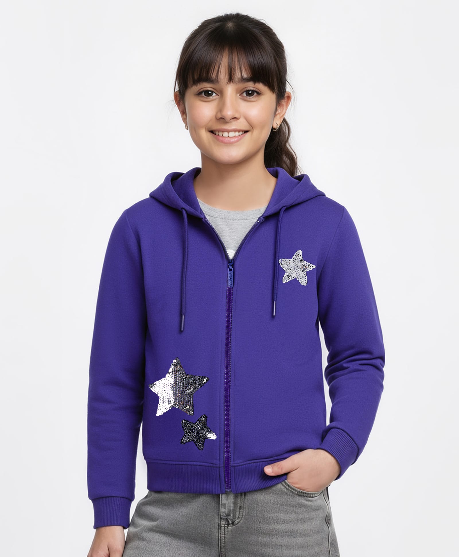 Pine Kids Cotton Knit Full Sleeves Hooded SweatJacket with Sequined Star Design - Purple-picture-40