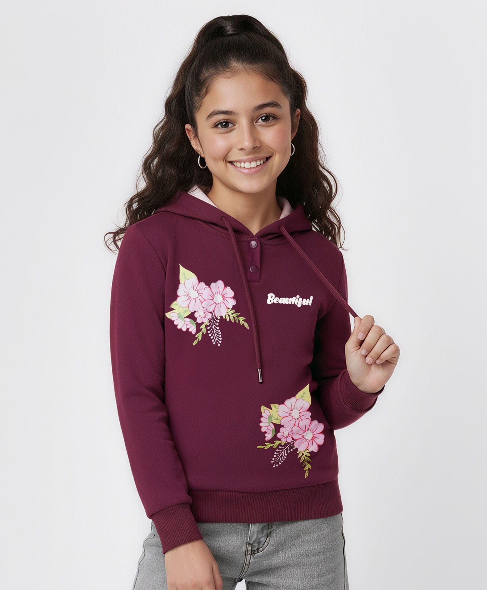 Pine Kids Cotton Knit Full Sleeves Hooded Sweatshirt with Floral Graphics - Wine-picture-13