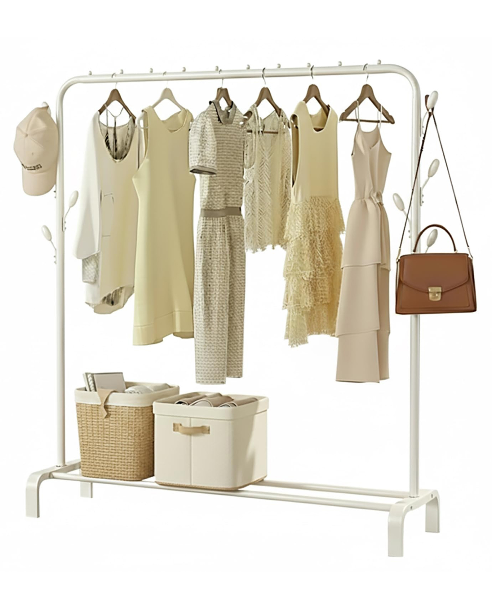 House Of Quirk Metal Garment Rack Heavy Duty Indoor Bedroom Clothes Coat Stand Shoes Rack With Top Rod And Lower Storage Shelf Clothes Rack 6 Hooks - White-image-44