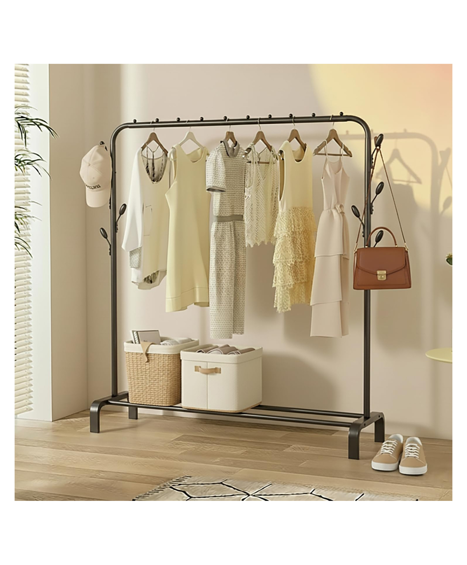House of Quirk Metal Garment Rack Heavy Duty Indoor Bedroom Clothes Coat Stand Shoes Rack With Top Rod And Lower Storage Shelf Clothes Rack 6 Hooks - Black-image-10