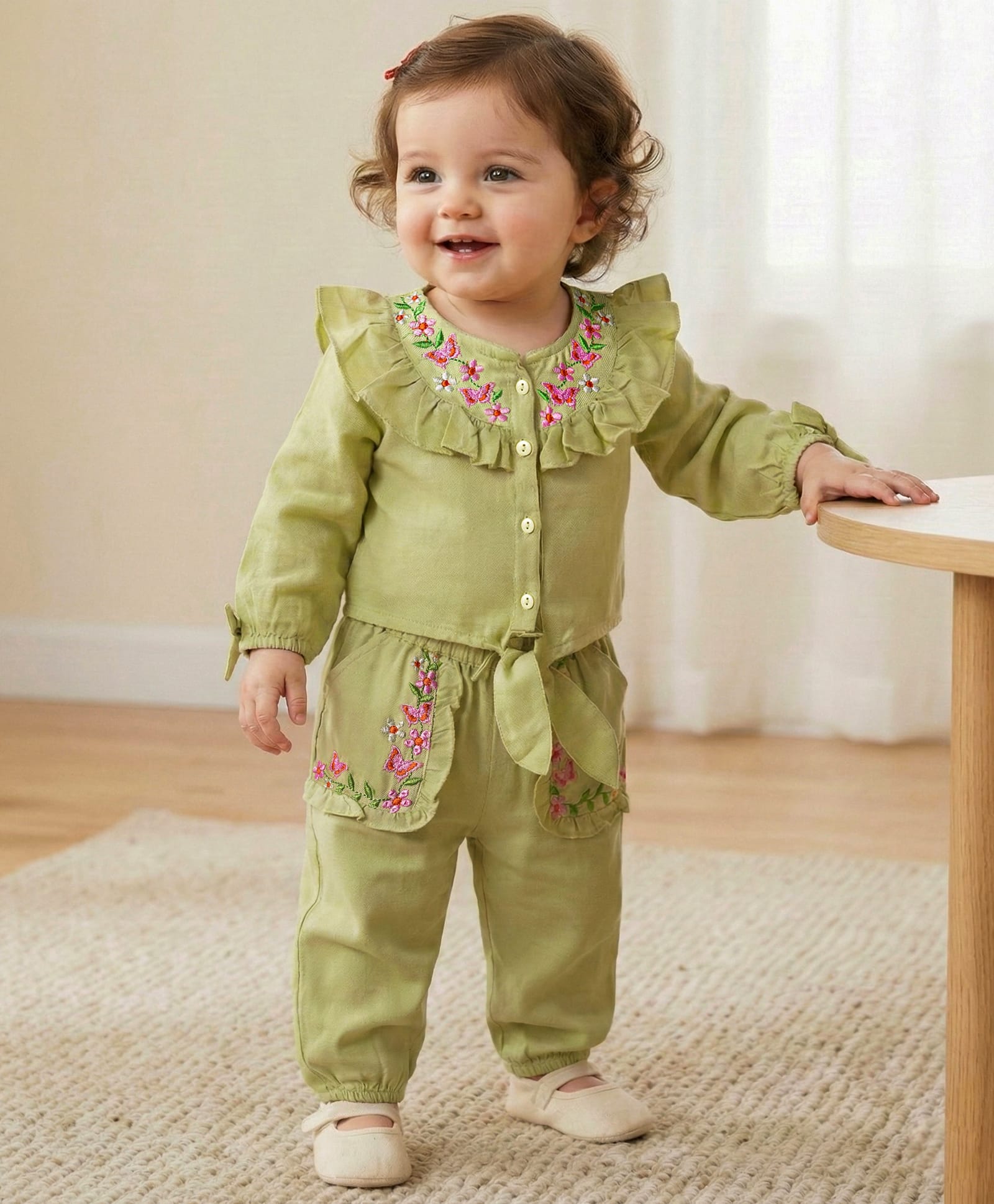 Babyoye Rayon Woven Twill Solid Dyed Full Sleeves Top & Joggers Set With Frill & Knot Detailing & Floral Embroidery - Light Green-picture-19