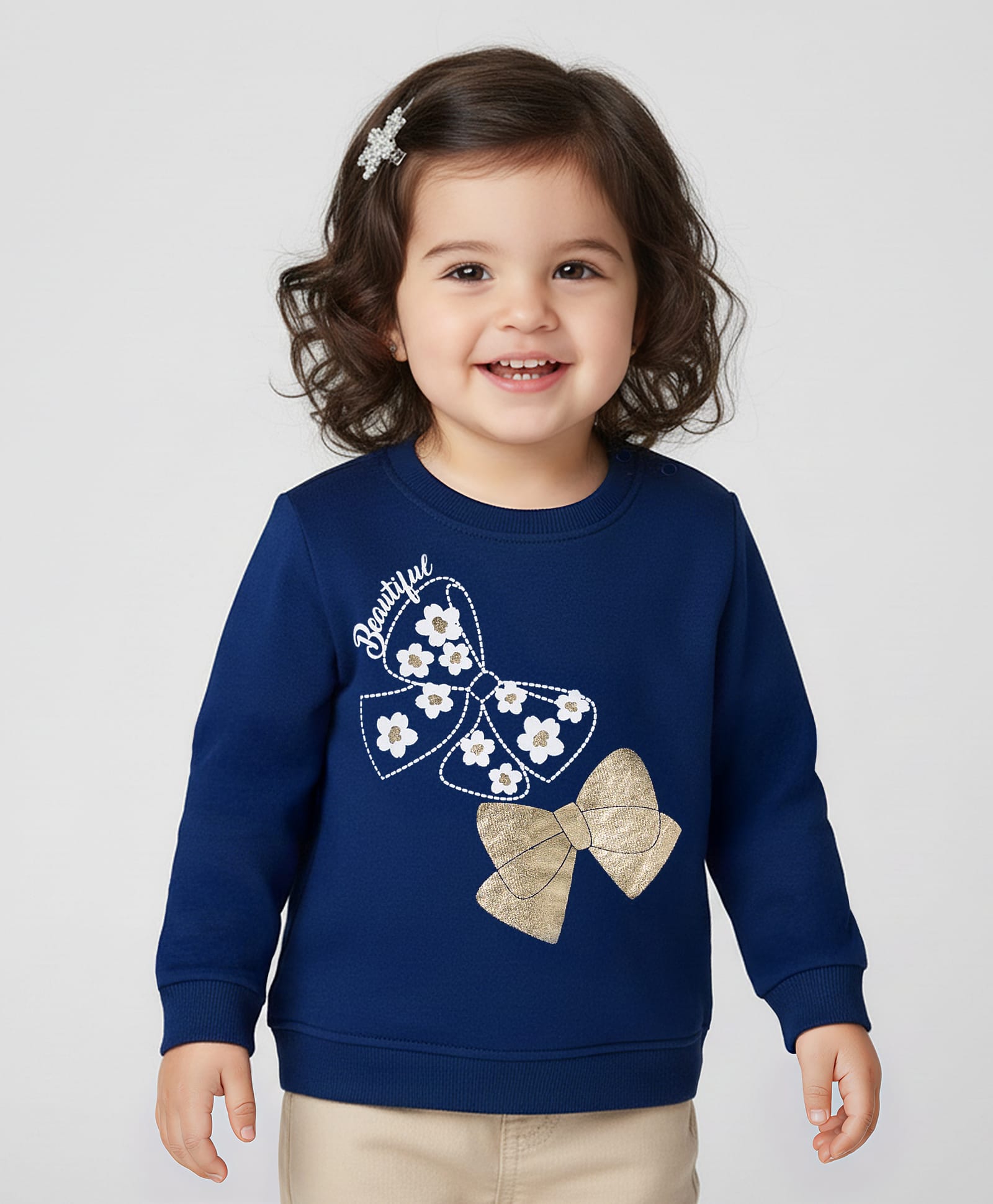 Doodle Poodle 100% Cotton Knit Light Weight Full Sleeves Sweatshirt with Bow & Floral Print - Navy Blue-image-37
