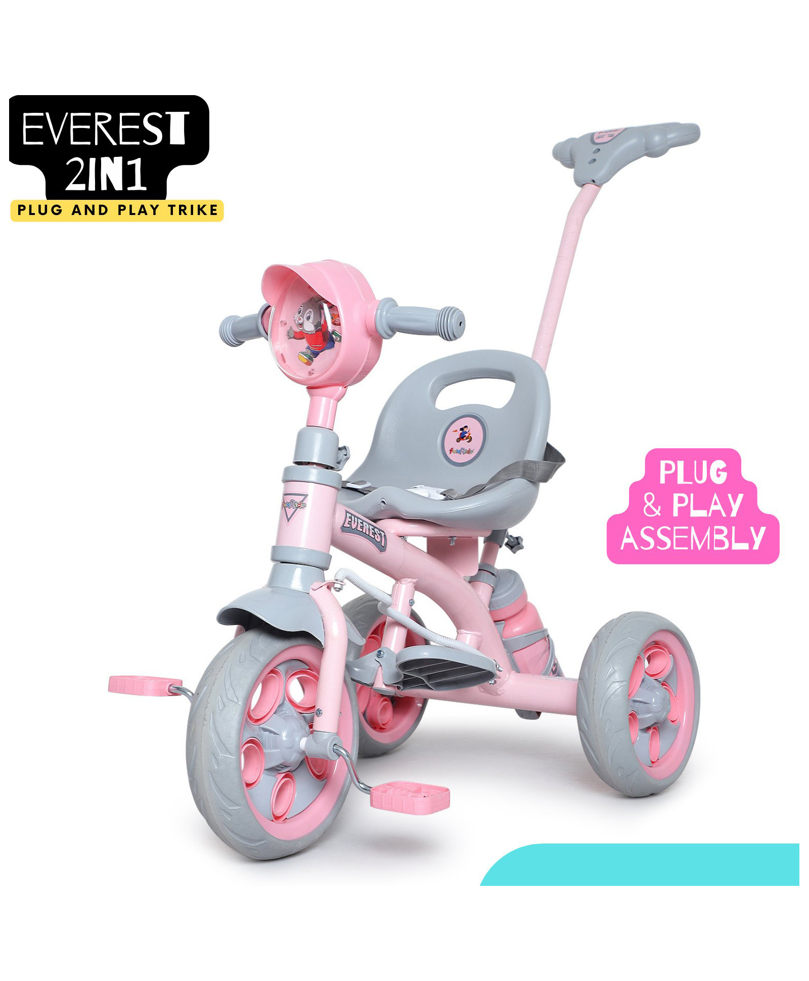Fun Ride Tricycle Kids Musical Plug and Play Parental Control Handle Sipper,Seat Belt,Eva Tyre Indoor and Outdoor Up to 25 Kg-Pink