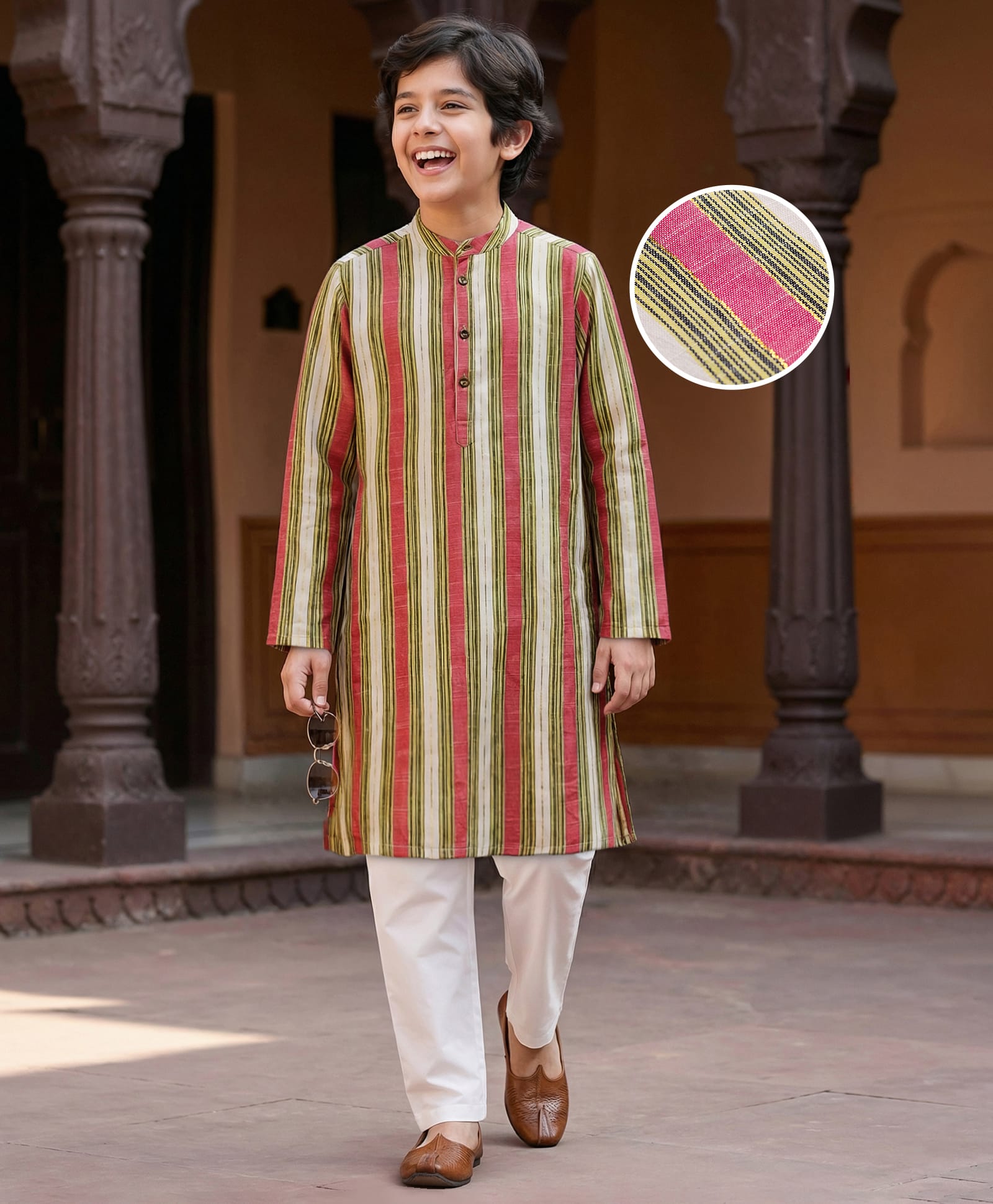 Pine Kids Woven Full Sleeves Kurta Pajama Set with Stripes - White-picture-21